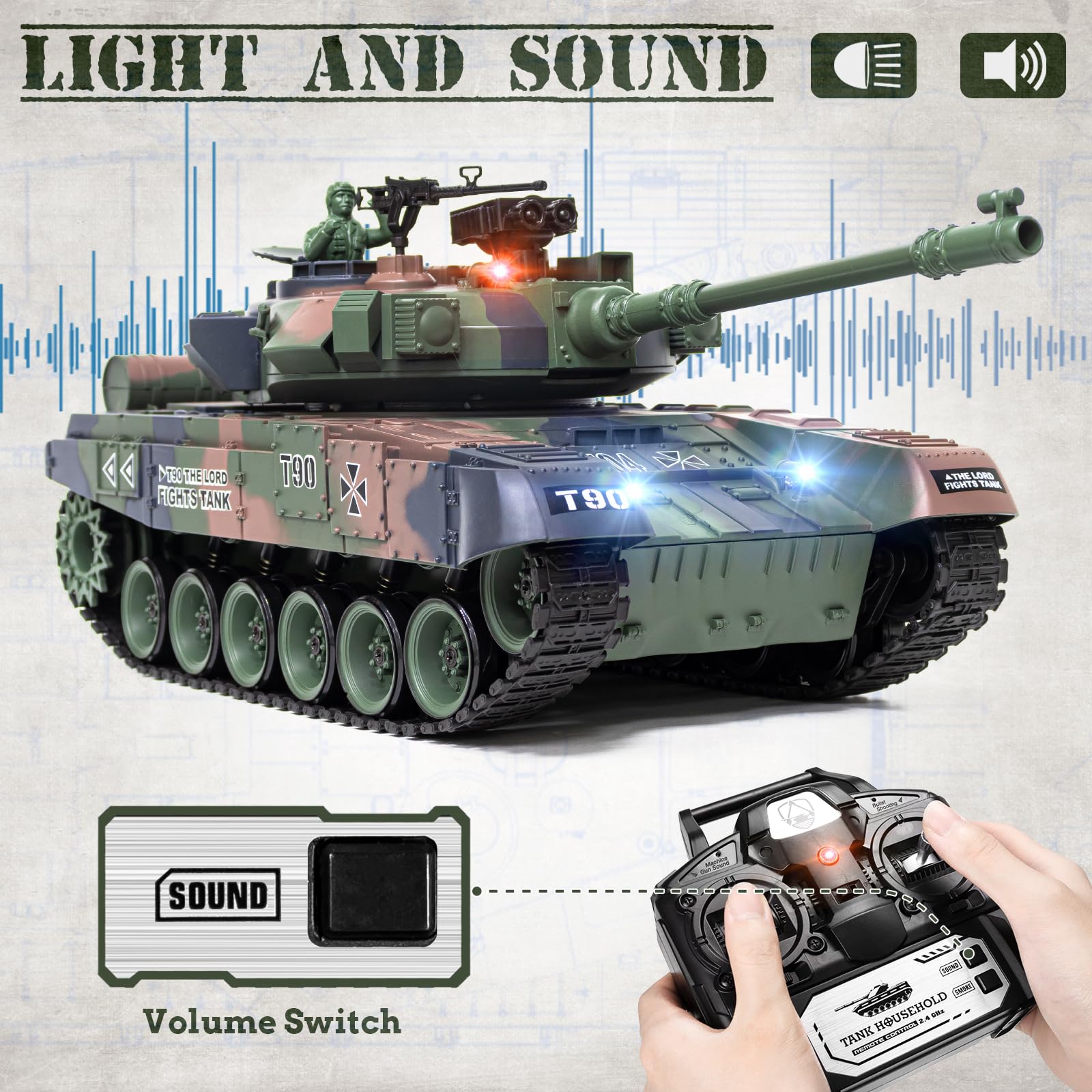 1:18 Scale RUS T-90 RC Tank - 2.4Ghz Remote Control Military Toy with Smoke, Light & Sound Effects, 15 Channels, BBS & Water Bomb Shooting - Battle-Ready Army Tank Model for Adults & Kids | Indoor & Outdoor Play, War Simulation, Collectible Display