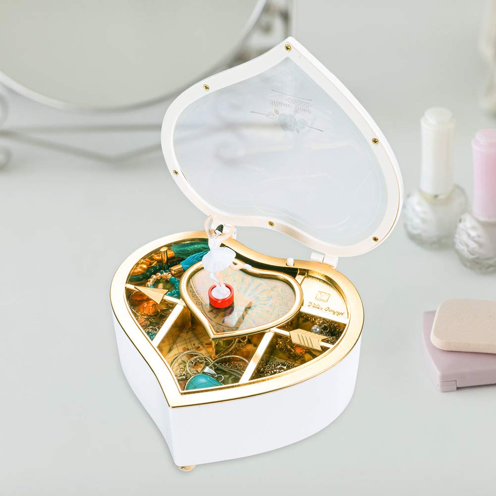 Rainbow Heart Musical Jewelry Box with Dancing Ballerina - White Jewelry Storage Box with Mirror, Arrow Design - Perfect Christmas Gift for Her, Birthday Present, Girls Room Decor