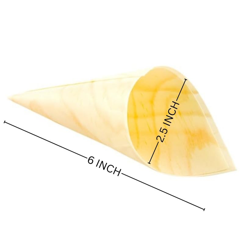 WIIES 6 Inch Pinewood Cones - Pack of 25 Bamboo Disposable Food Cones for Snacks, Desserts & Party Decorations | Eco-Friendly Serving Cones for Ice Cream, Cotton Candy & Wedding Favors