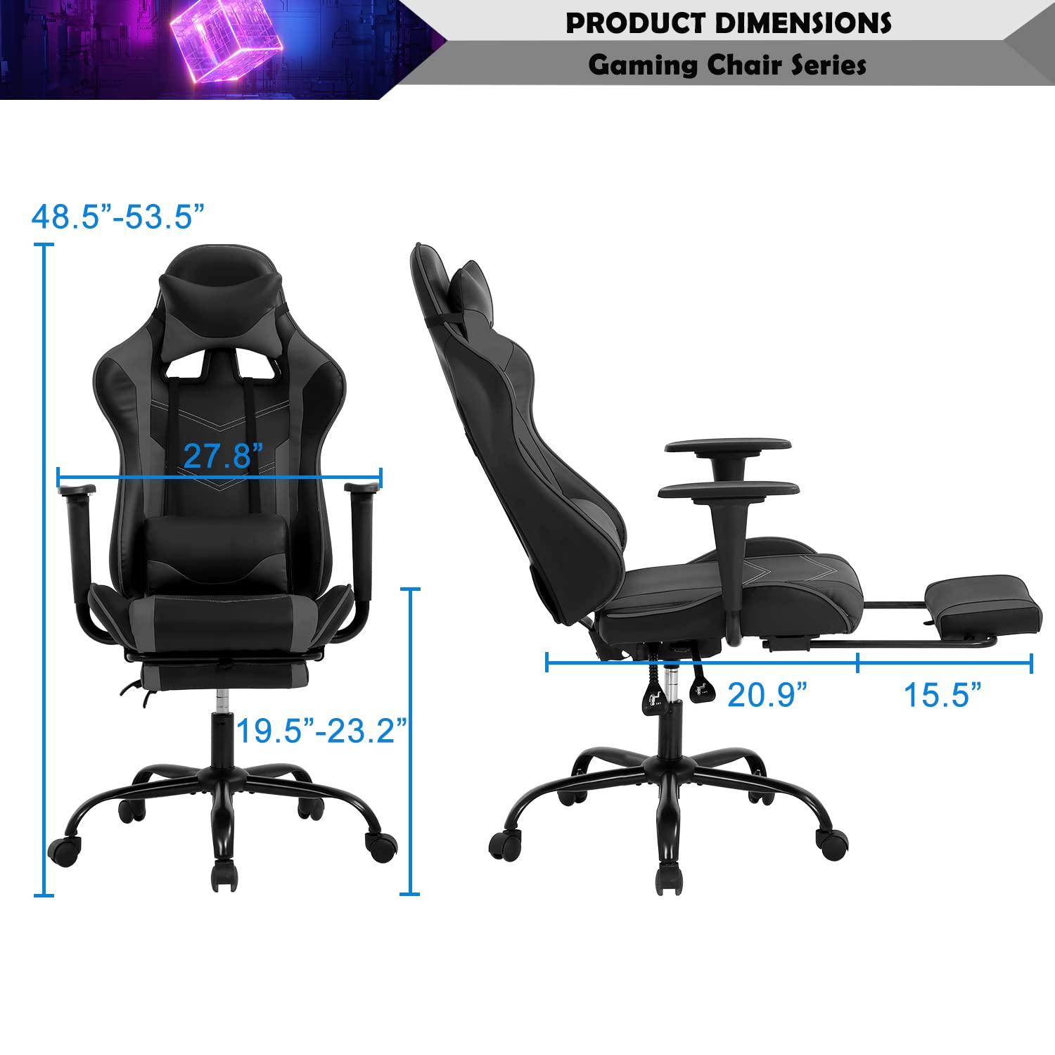 Ergonomic PC Gaming Chair - High Back PU Leather Racing Office Chair with Adjustable Lumbar Support & Headrest, Swivel Rolling Task Chair for Adults & Teens - Perfect for Gaming, Streaming & Home Office (Grey)