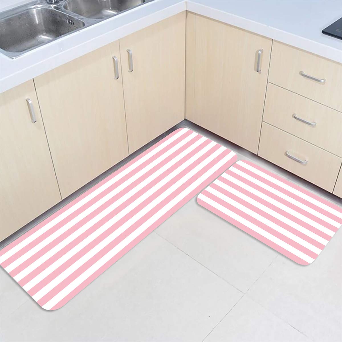 Premium Anti-Fatigue Kitchen Floor Mat Set of 2 - Extra Thick Cushioned Standing Mats with Non-Slip Backing, Waterproof Striped Design for Home & Office (Pink & White, 23.6