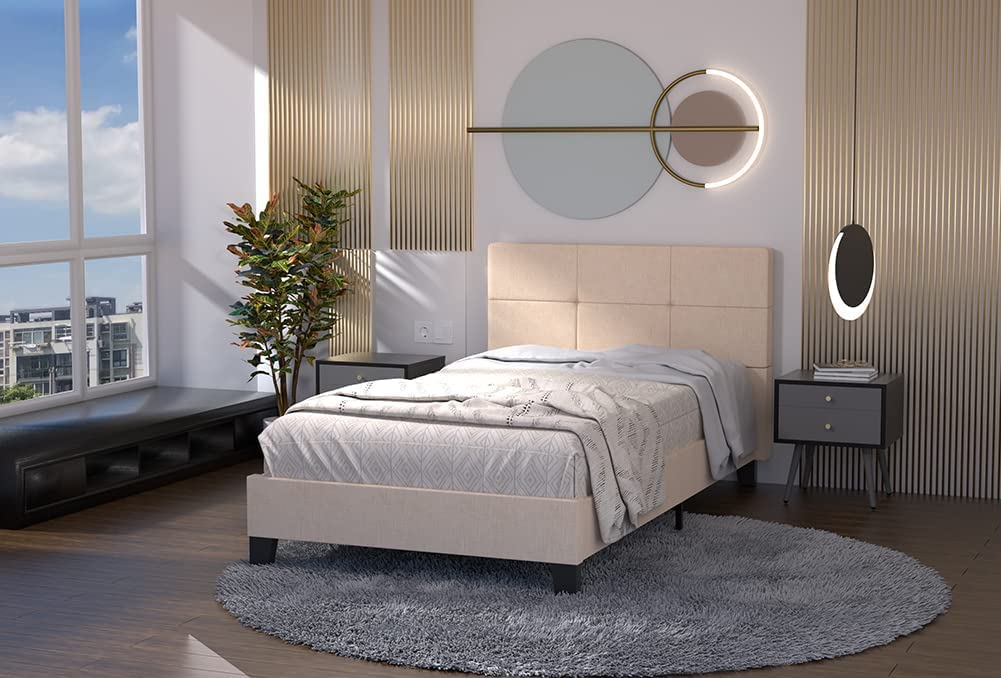 Easytour Twin Bed Frame - Heavy Duty Upholstered Platform Bed with Headboard & Metal Mattress Foundation | Wood Slat Support, No Box Spring Needed | Easy Assembly, Beige | Perfect for Guest Rooms, Dorms & Small Spaces