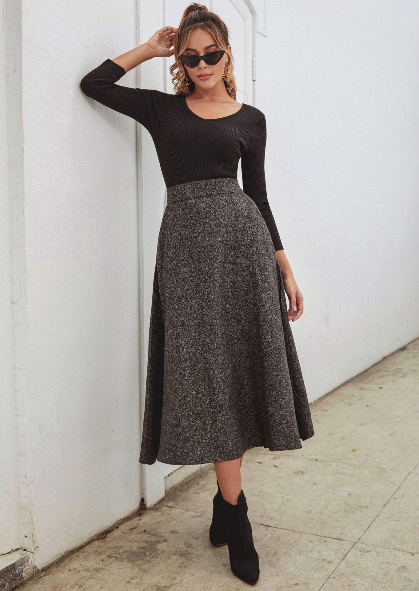 Choies Women's High Waist A-line Flared Long Skirt for Winter & Fall | Midi Length Skirt for Casual, Office & Party Wear | Plus Size Available