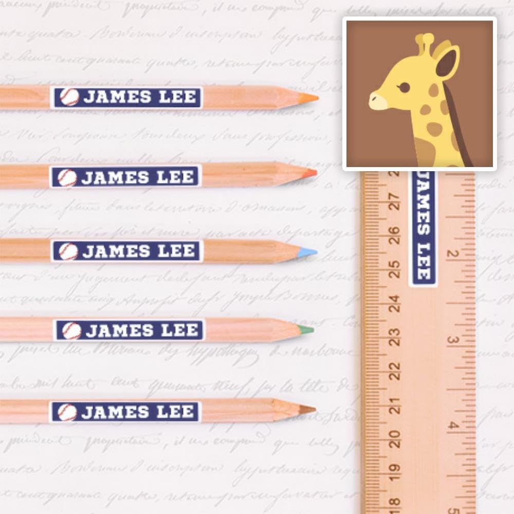Peel & Stick Waterproof Personalized Name Labels - 80 Skinny Durable Giraffe Theme Stickers for Kids School Supplies, Lunch Boxes & Water Bottles