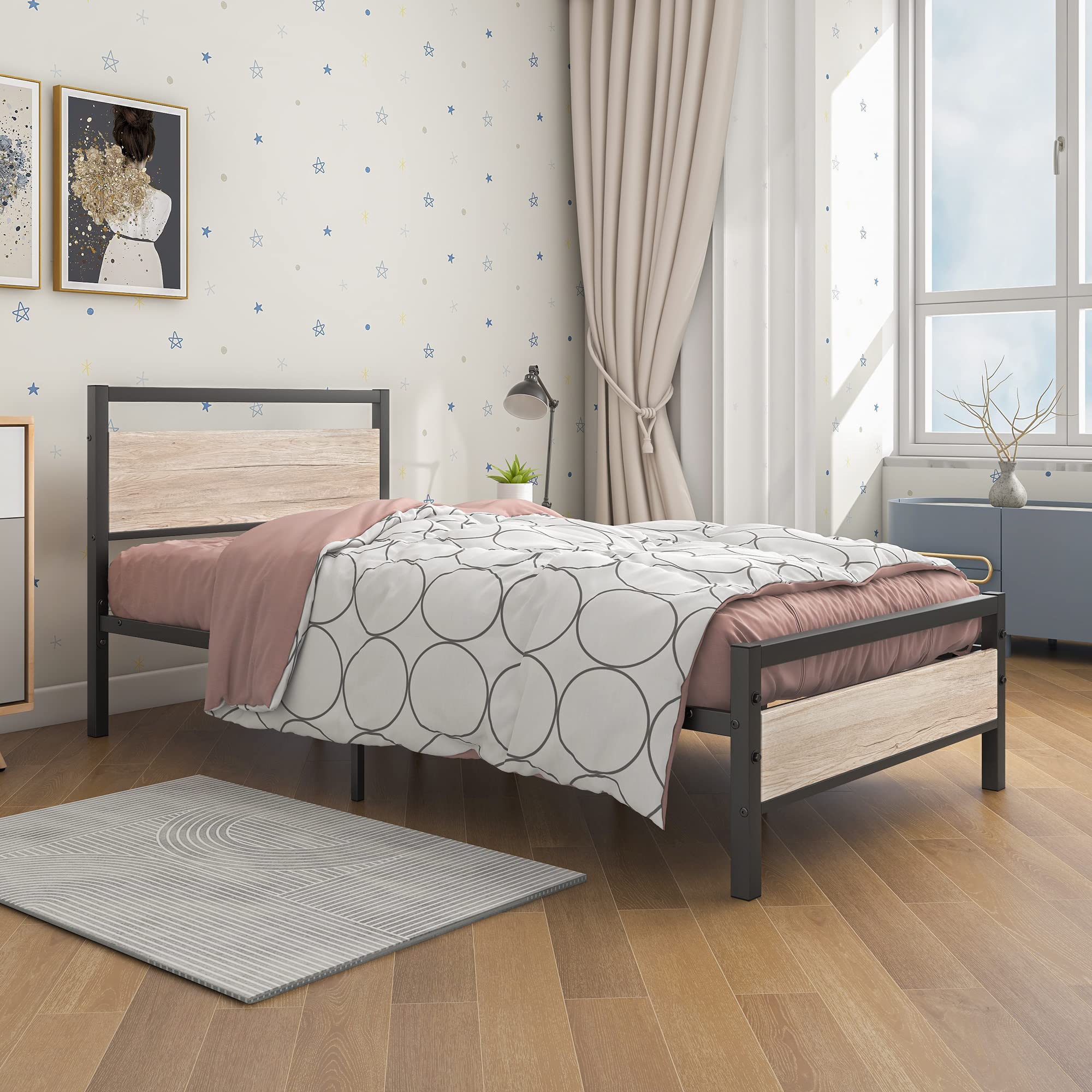 BOFENG Twin Bed Frame with Wood Headboard - Heavy Duty Metal Platform Bed with Steel Slat Support, No Box Spring Needed - Farmhouse Style Bed Frame in Natural Oak - Perfect for Guest Rooms, Dormitories & Small Spaces