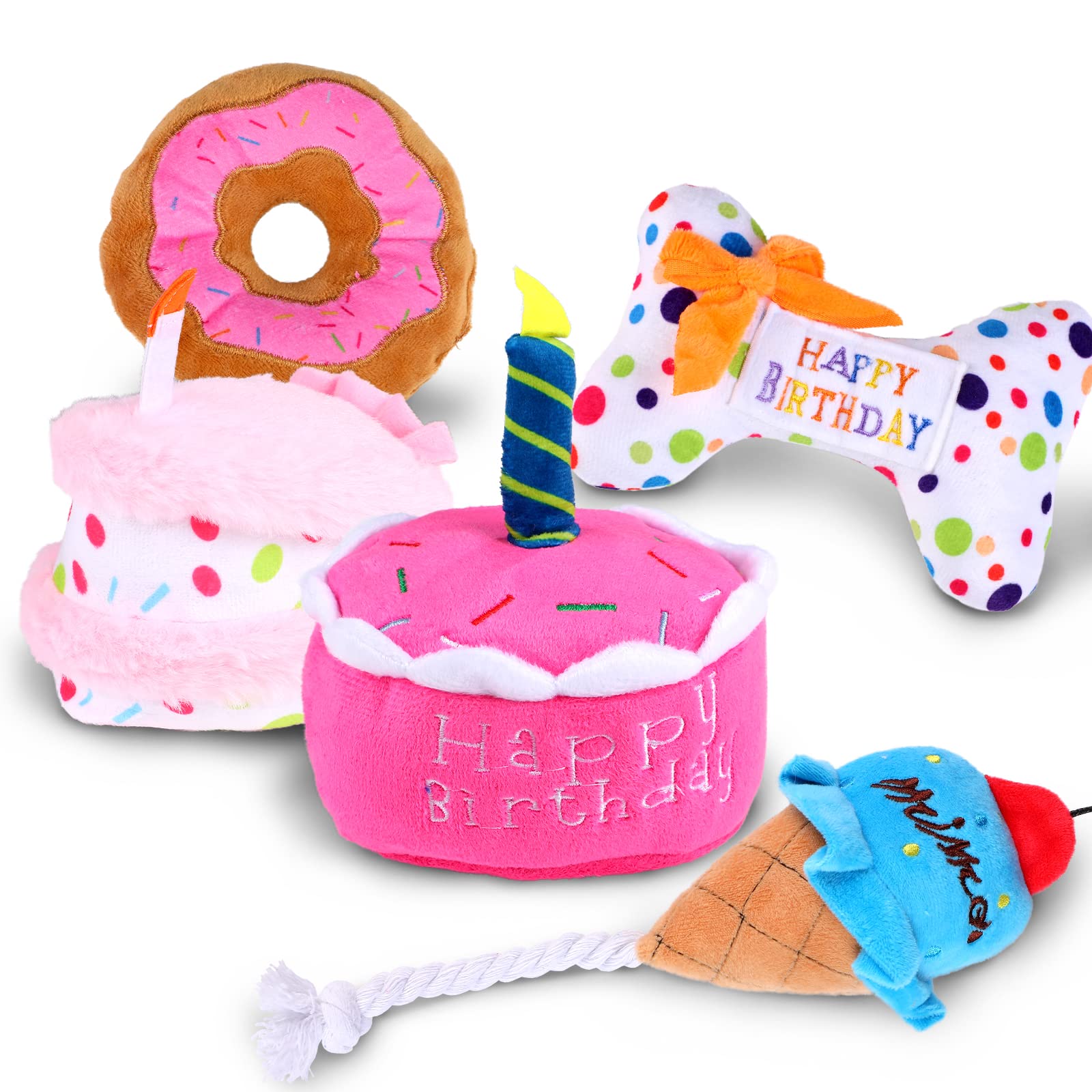 DoreenBow 5 Pack Squeaky Dog Chew Toys - Puppy Teething Plush Birthday Cake Toys for Small Dogs | Perfect Gift Box for Dog Birthday Parties & Puppy Playtime