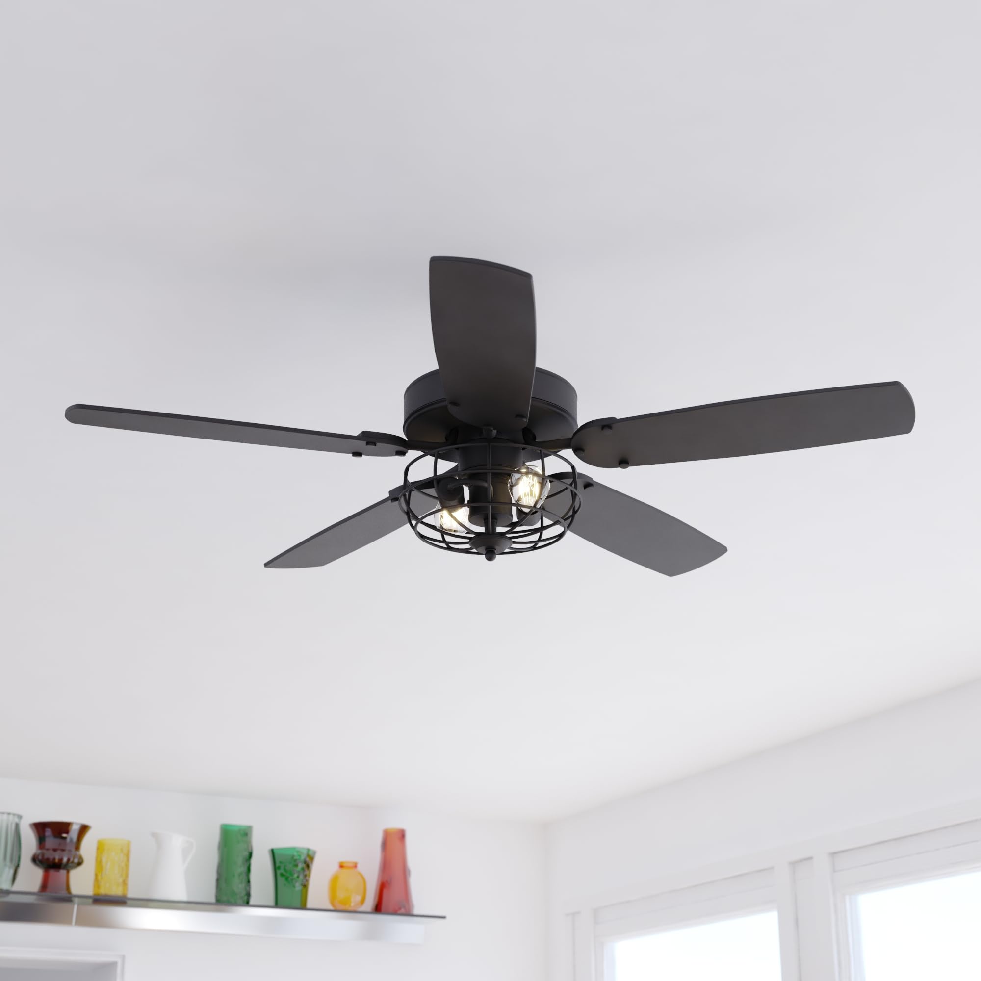 VAXCEL Reed 48-inch Matte Black Farmhouse Ceiling Fan with LED Cage Light Kit & Pull Chains - Perfect for Living Room, Bedroom, and Outdoor Covered Patio