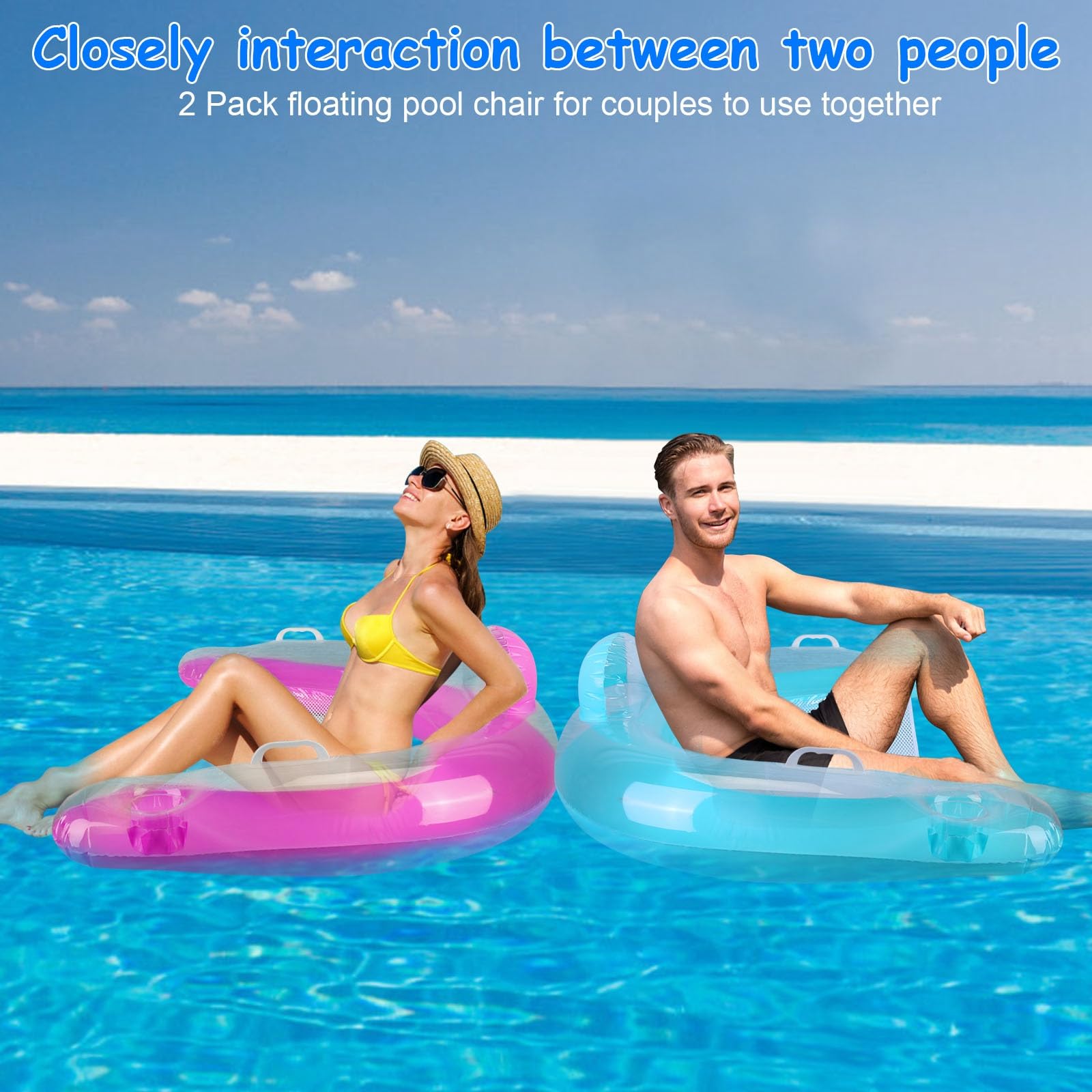 Inflatable Pool Float Chair 2 Pack - Adult Lounge Floats with Dual Cup Holders & Backrest, Comfortable Mesh Seat for Swimming, Beach, Lake - Perfect for Summer Relaxation by Pool, Vacation & Outdoor Water Activities