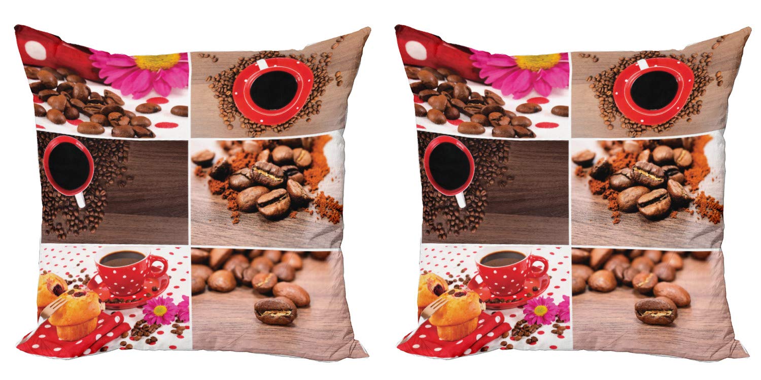 Ambesonne Coffee Themed Throw Pillow Covers (Pack of 2) - 20 Inch Brown & Red Decorative Cushion Covers with Zipper, Featuring Coffee Mug Collage, Polka Dots & Floral Design - Perfect for Living Room, Bedroom & Coffee Shop Decor