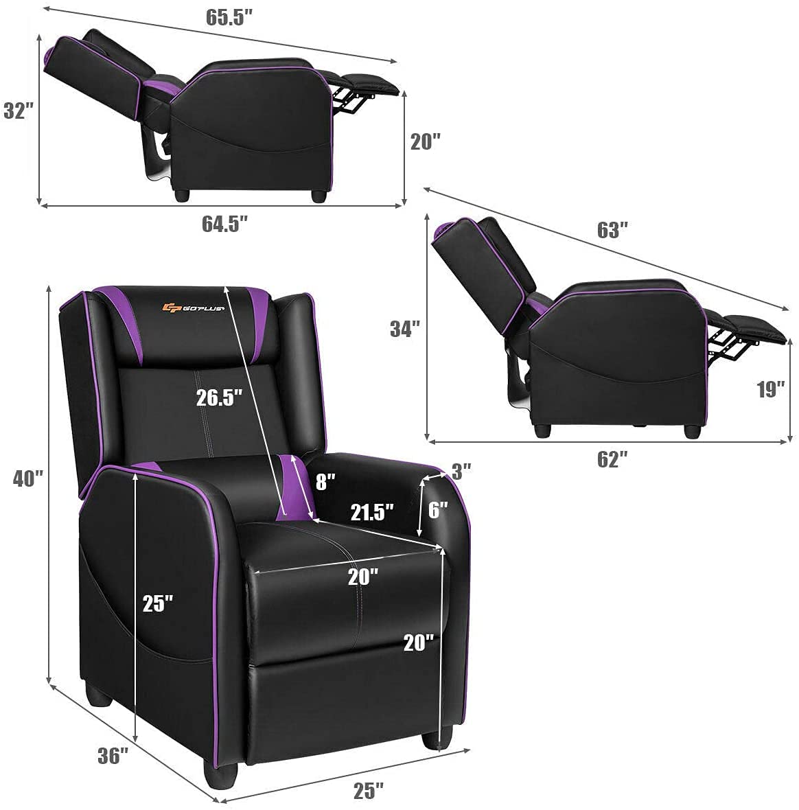 Premium Massage Gaming Recliner Chair with Lumbar Support - Adjustable PU Leather Recliner Sofa with Footrest & Remote Control - Ergonomic Office & Video Game Chair for Relaxation & Entertainment (Purple) - Perfect for Home Theater, Gaming Setup & Living Room Lounging