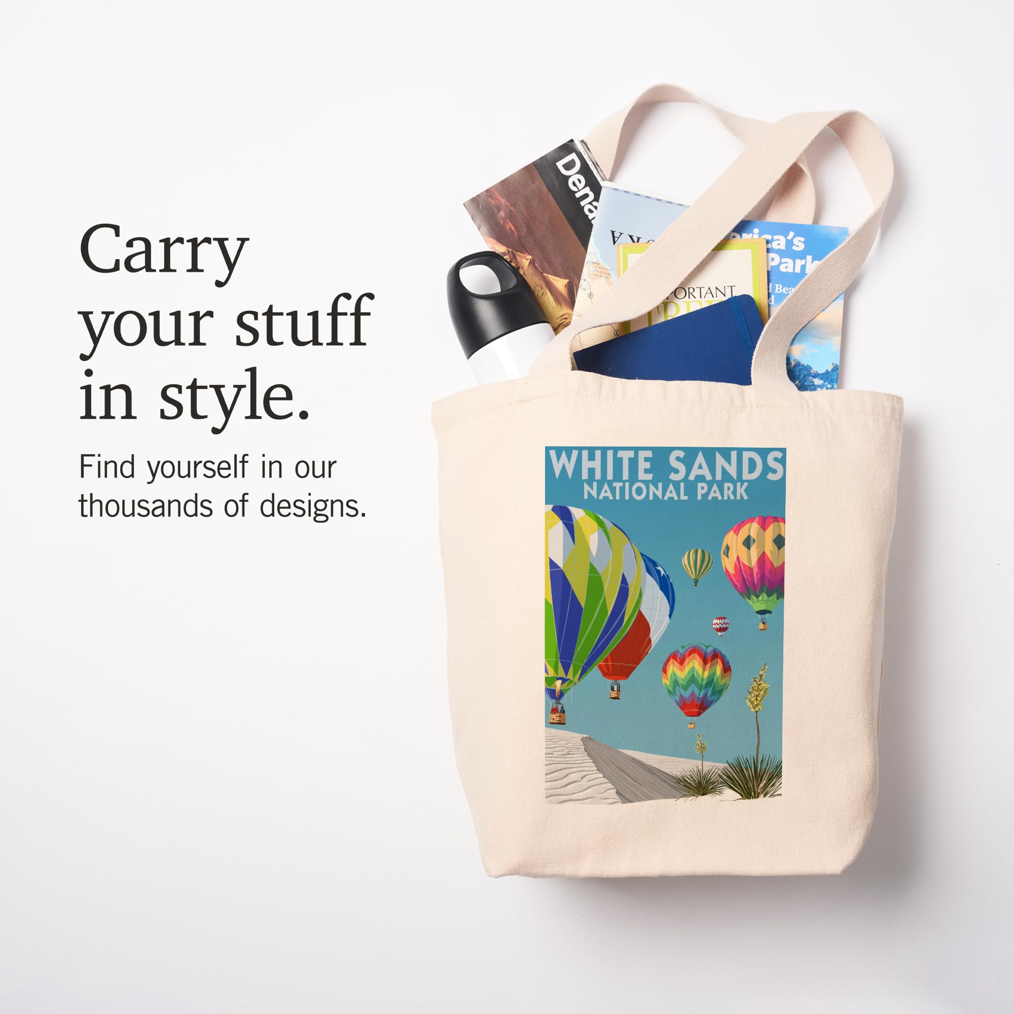 Lantern Press White Sands National Park New Mexico Hot Air Balloons Tote Bag - 100% Cotton Canvas Reusable Shopping Bag for Beach, Grocery & Travel