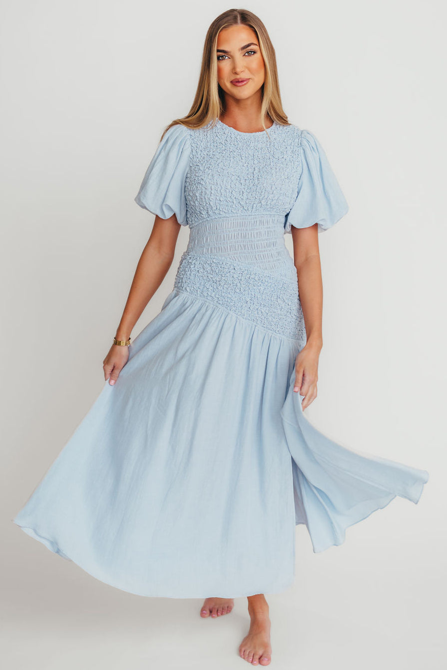 Theoni Women's Blue Asymmetrical Smocked Dress - Flowy Summer Midi Dress for Beach, Wedding & Casual Outings