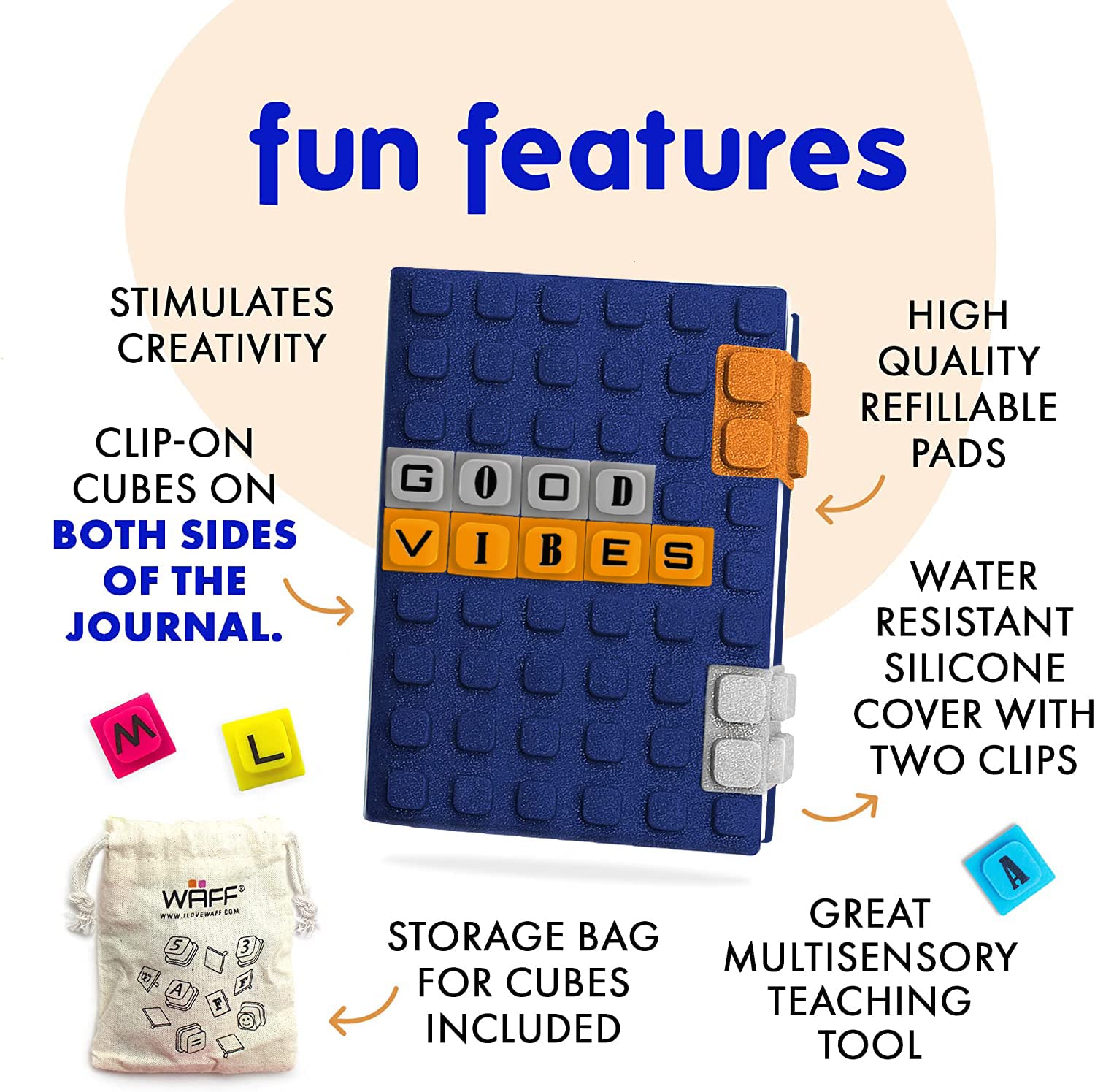 WAFF Boys Navy Blue 190 Page A6 Notebook - Refillable DIY Journal with 70 Lego-Style Cubes, Blank & Lined Pages, Lockable Diary for Kids 8-12 | Perfect Birthday Gift, School Journal & Creative Writing Notebook for Boys