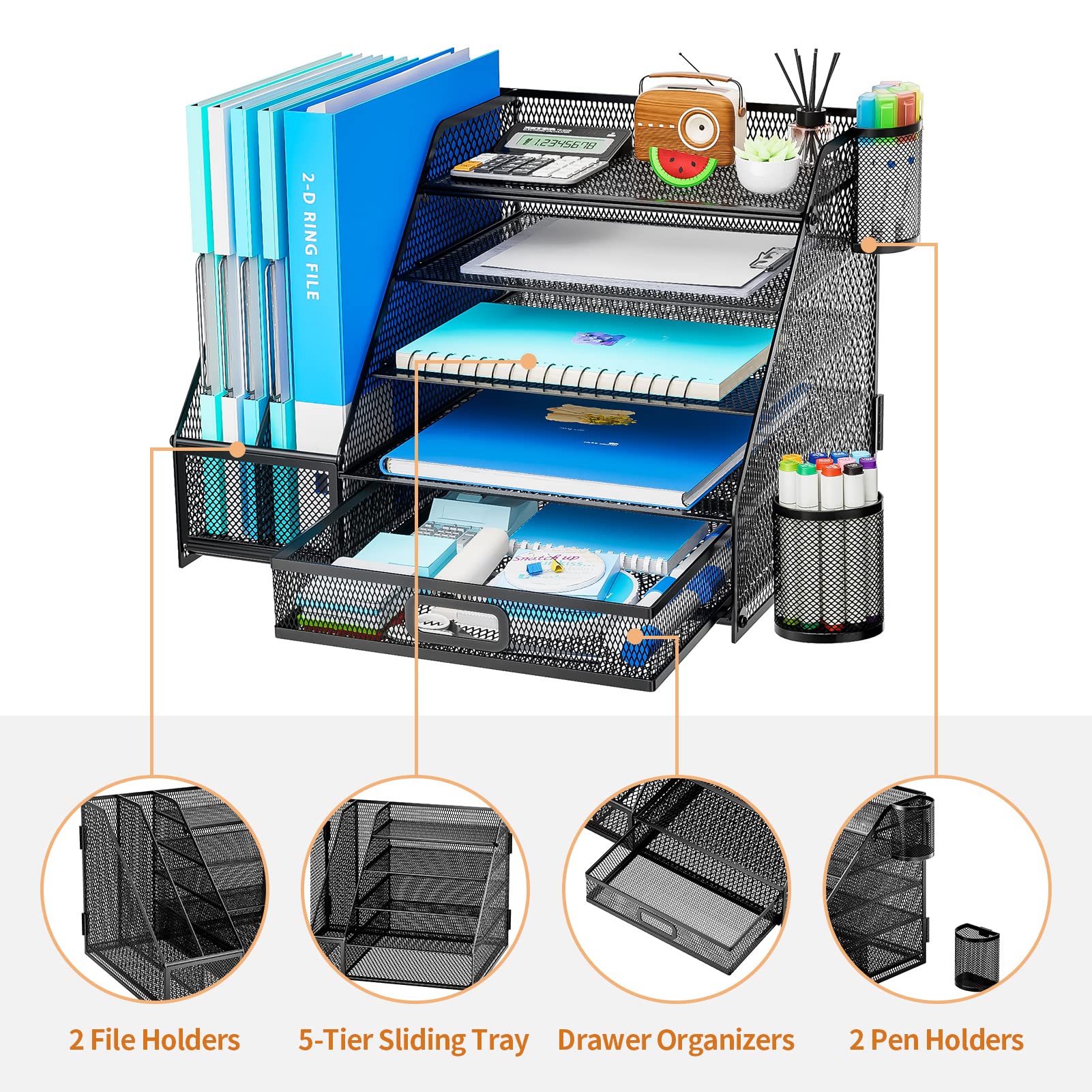 5-Tier Mesh Desk Organizer with File Holder & Drawer - Letter Tray, Pen Holders & Office Storage | Perfect for Home Office, School & Workspace Organization