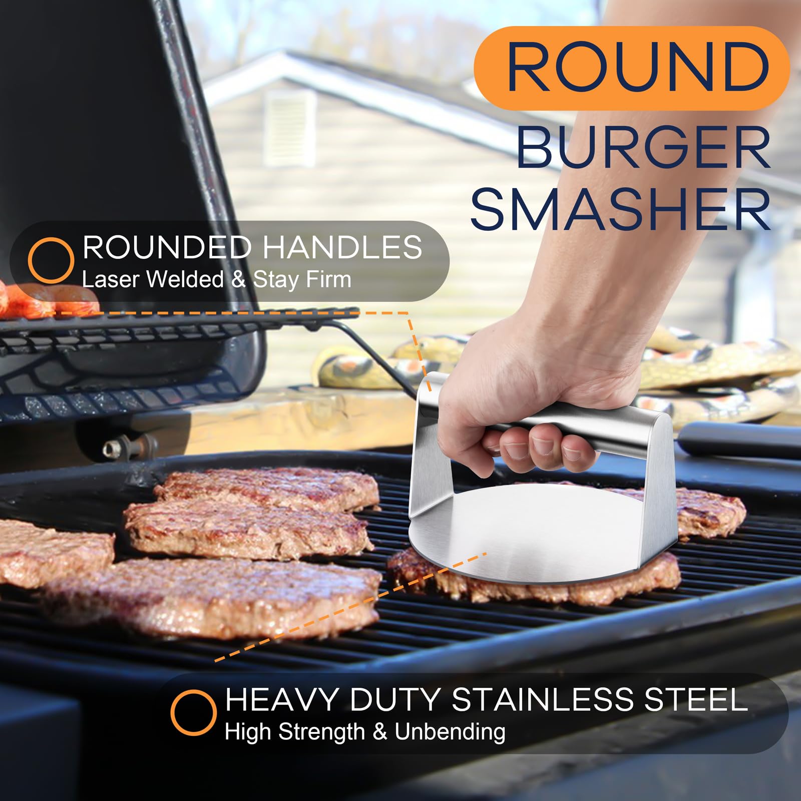 **Leonyo 7-Inch Heavy Duty Stainless Steel Hamburger Spatula & Burger Press – Professional Griddle Turner, Smash Patty & Bacon Press for BBQ, Teppanyaki, Flat Top Grill – Perfect for Cheese Burgers, Patties & Home Cooking (Plastic Handle)**
