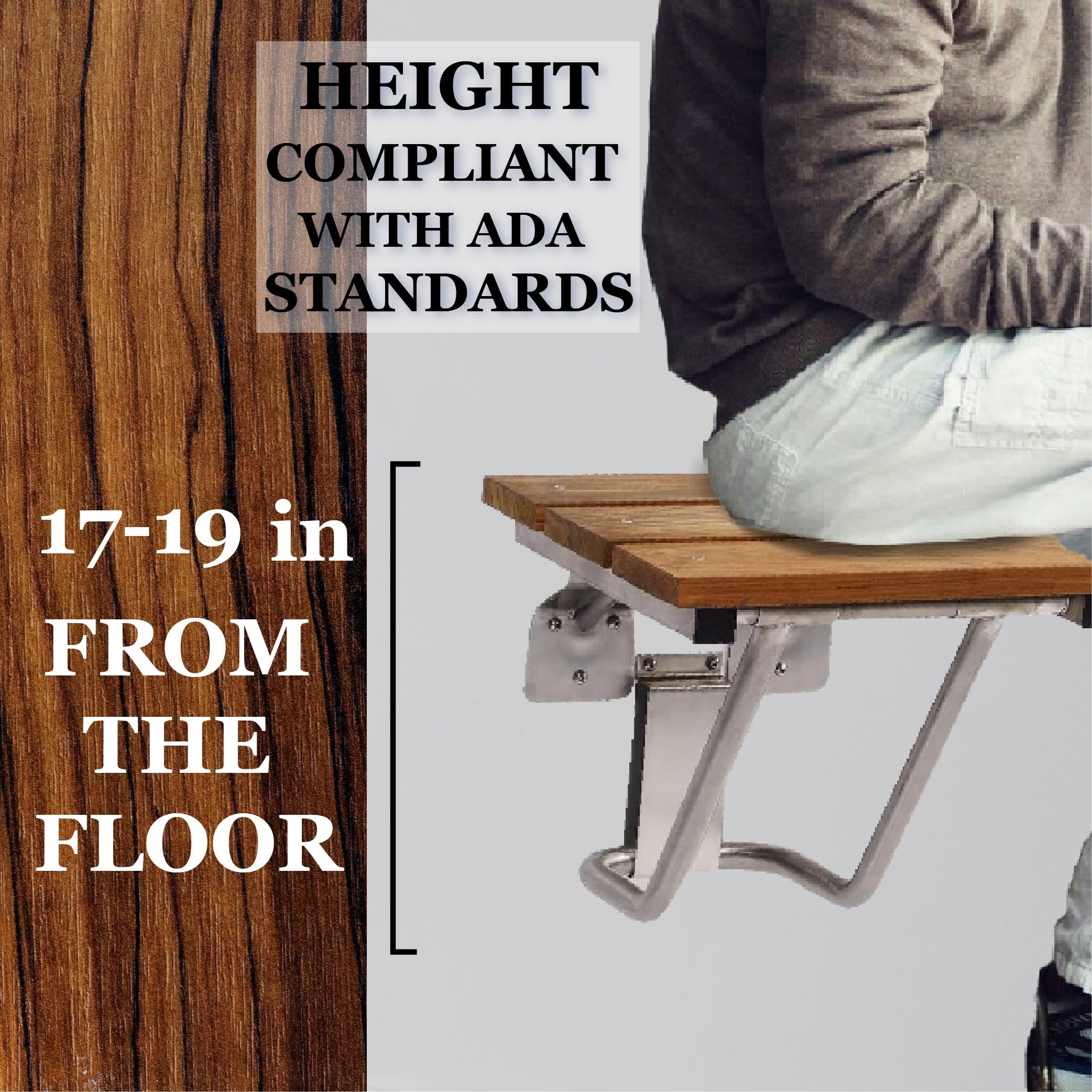 ADA Compliant Folding Shower Chair for Elderly & Disabled - Teak Wood Shower Seat 34.5x21 Inches Right Hand - Safe Bathroom Mobility Aid for Seniors & Handicapped (Ideal for Small Showers & Bathtubs)