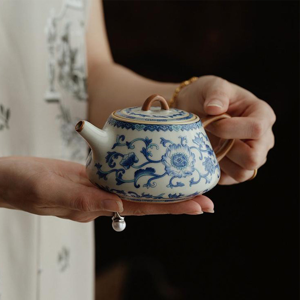 Exquisite Chinese Blue and White Ruyao Shi Piao Teapot - Handcrafted Ceramic Teapot for Tea Lovers | Perfect for Home, Office, and Gift Giving