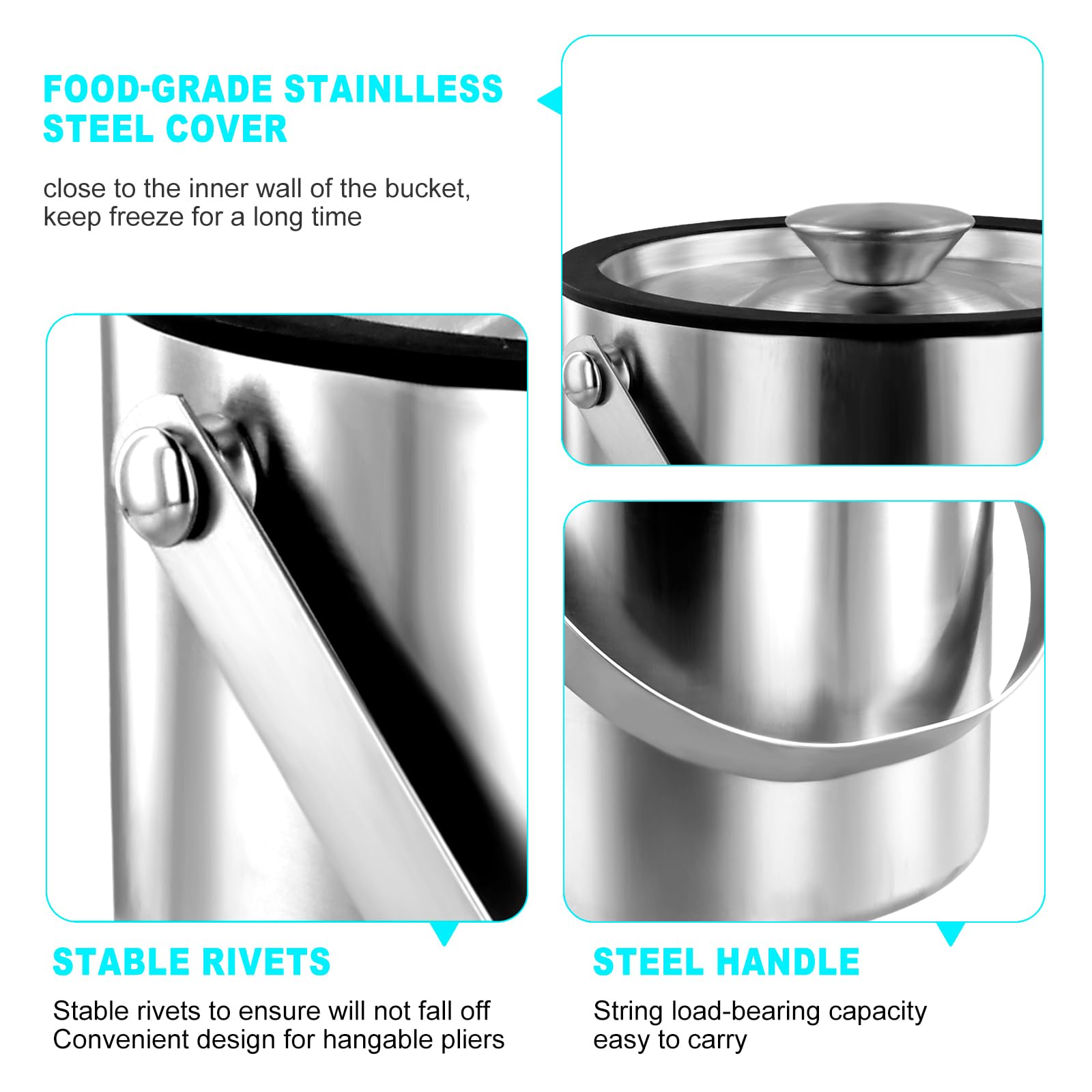 Premium Stainless Steel Ice Bucket with Lid - 3L Double-Walled Insulated Container with Strainer & Tong - Leakproof Silicone Cover for Cocktails, Wine, and Party Drinks - Perfect for Home Bars, Weddings, and Outdoor Gatherings (Silver)