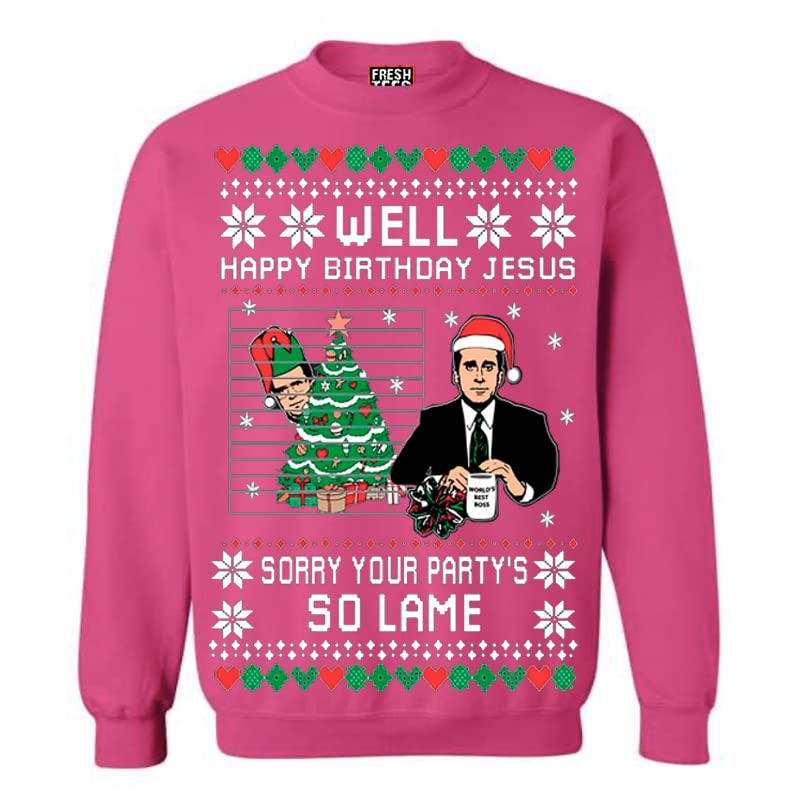 Funny Ugly Christmas Sweater for Men & Women - The Office 'Well Happy Birthday Jesus' Unisex Sweatshirt | Holiday Party, Gift Exchange & Festive Outfit