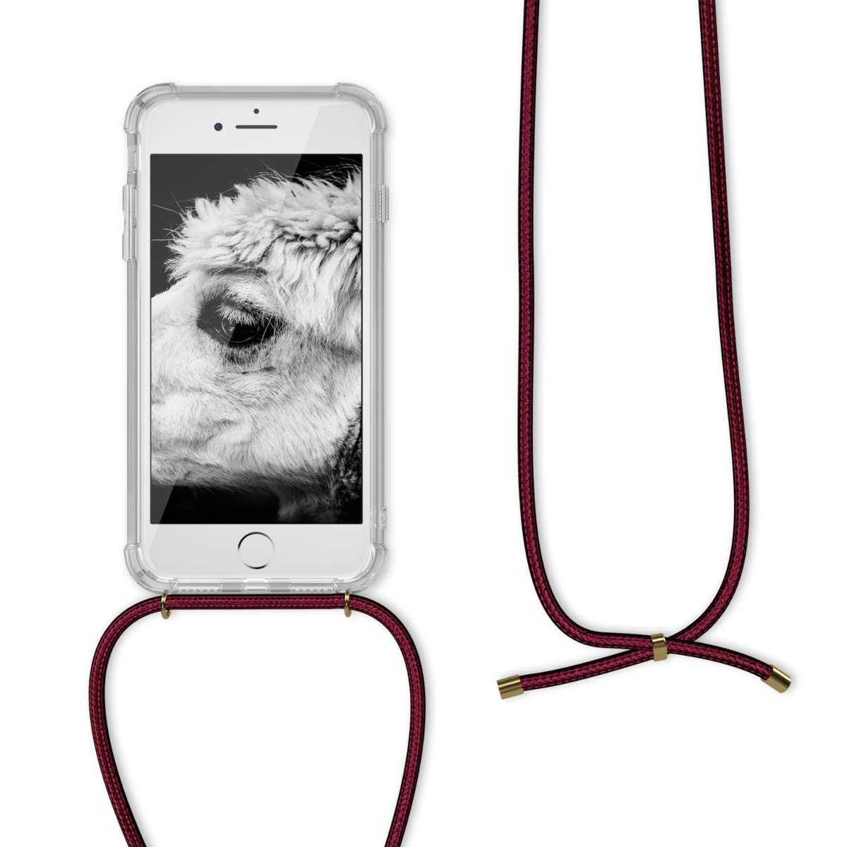 kwmobile Clear TPU Crossbody Phone Case Compatible with Apple iPhone SE (2022/2020), iPhone 8 & iPhone 7 - Protective Cover with Adjustable Lanyard Strap (Dark Red/Transparent) - Perfect for Travel, Shopping & Outdoor Activities