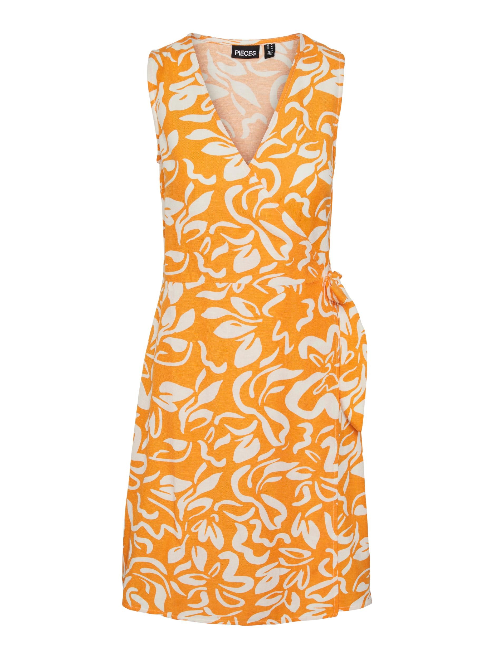 CLARISA Wrap Linen Dress - Flame Orange & Cream | Summer Casual & Beach Wear for Women | Perfect for Vacations, Parties & Outdoor Events