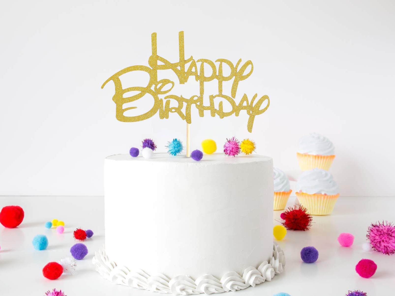 Golden Happy Birthday Cake Topper - Glittery Gold Cake Decorations for Birthday Parties, Photo Booth Props & Cake Smash Celebrations | Elegant Gold Paper Cake Topper Flags for Wedding, Baby Shower & Anniversary Cakes