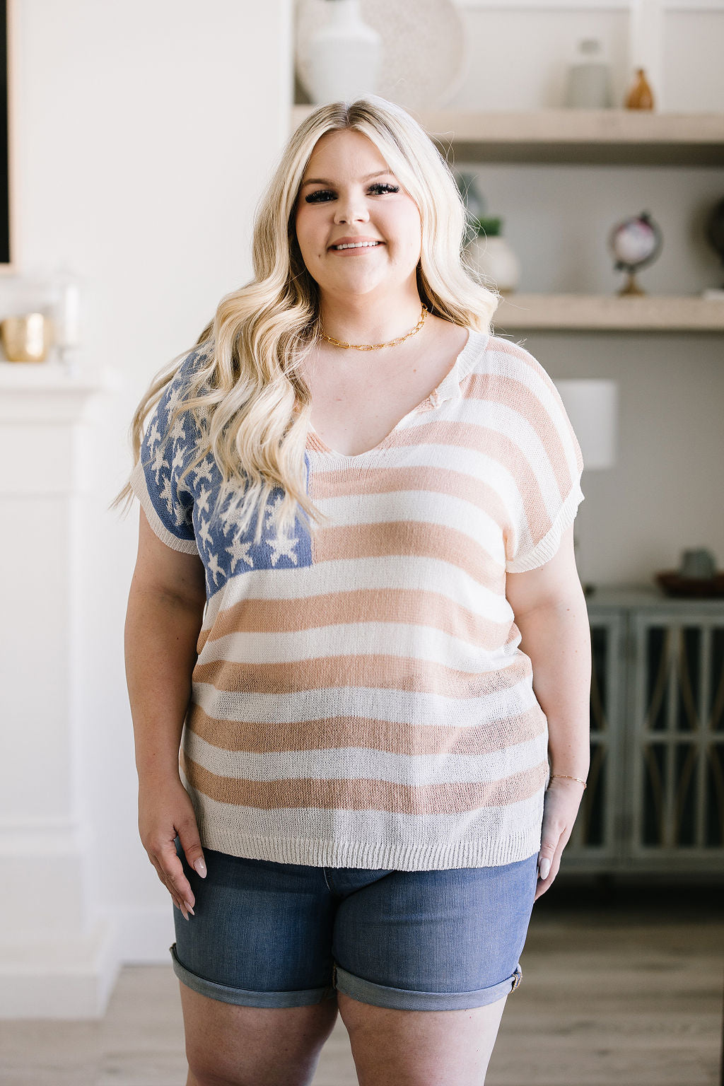 Old Glory Sleeveless Sweater for Women - Patriotic American Flag Knit Pullover - Summer Casual Wear, Outdoor Activities & 4th of July Celebrations