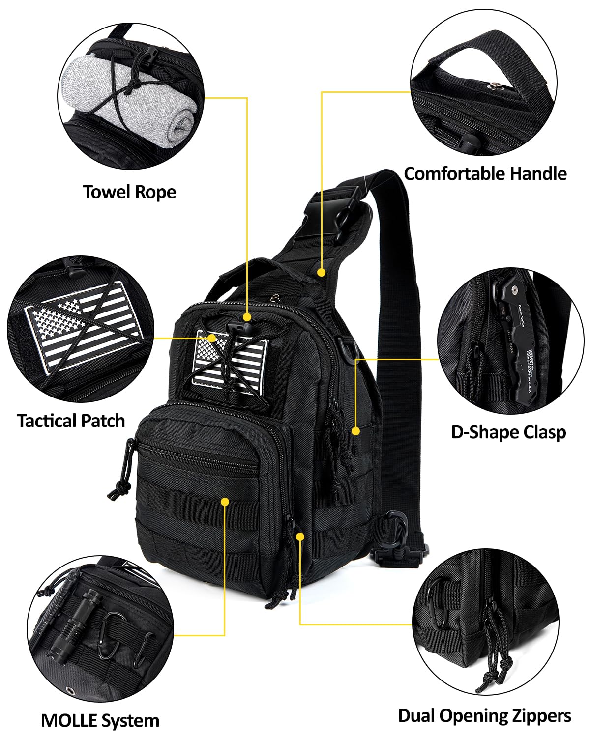 Tactical Sling Bag for Men - Military Crossbody Chest Pack - Durable EDC Shoulder Backpack for Hunting, Hiking, Fishing, Camping & Outdoor Adventures - Perfect for Travel, Cycling & Range Gear (Black)