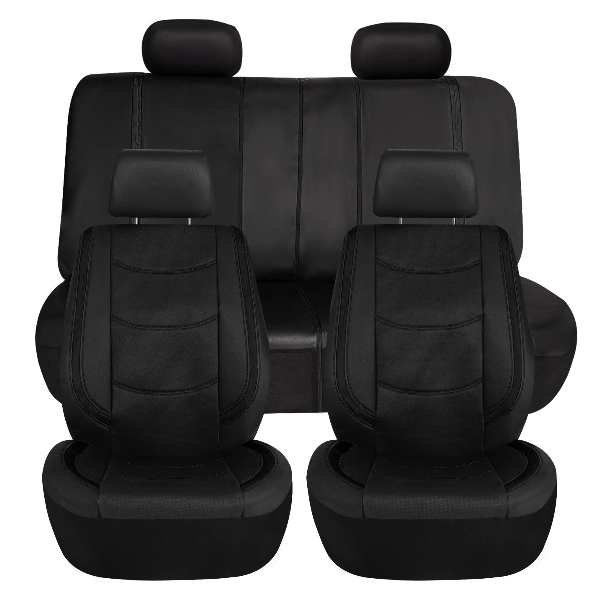 TLH Automotive Black Leatherette Car Seat Covers with Metallic Stripes - Universal Fit for Cars, Trucks, SUVs & Vans | Anti-Slip Protection & Built-in Storage Pockets | Premium Galaxy13 Design for Comfort & Style | Perfect for Daily Commute, Road Trips & Vehicle Protection
