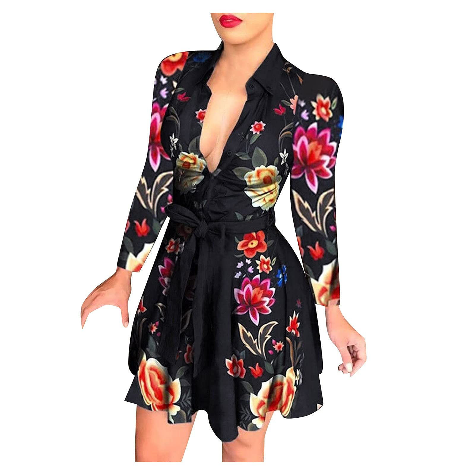 Plus Size Cottagecore Dress for Women - Long Sleeve Tie Waist Floral Print Mini T-Shirt Dress | Casual Loose Fit for Picnics, Dates & Spring Outfits
