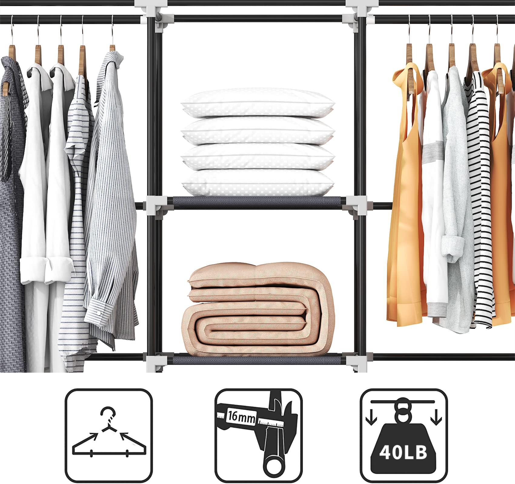 51 Inch Portable Wardrobe Closet with 2 Hanging Rods & 8 Shelves - Durable Hanging Closet Organizer for Bedroom, Easy Assembly, Space-Saving Storage Solution - Perfect for Small Apartments, Dorms, and Guest Rooms (Grey)