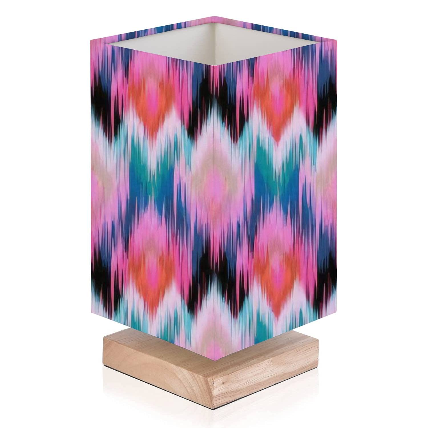 Abstract Ethnic Ikat Pattern Bedside Lamp - Modern Small Table Desk Lamp with Solid Wood Base & Flaxen Fabric Shade - Traditional Handcrafted Nightstand Light for Bedroom, Living Room, Office - Perfect Gift for Home Decor & Cozy Reading Ambience