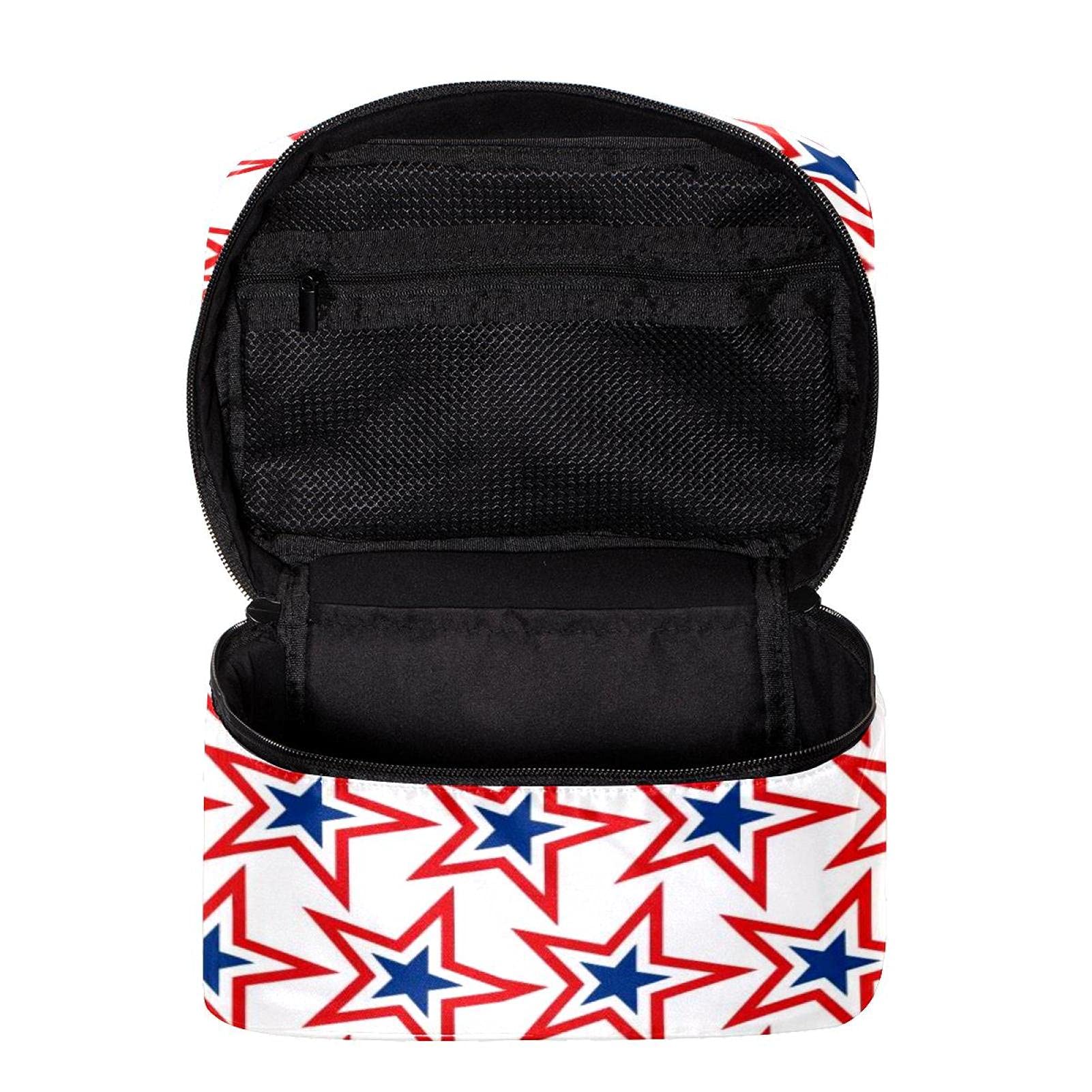 Patriotic Blue Red Stars Pattern Large Travel Makeup Bag - Waterproof Cosmetic Organizer with Zipper for Women & Girls | Perfect for Vacation, Gym, Beach Trips & Daily Essentials Storage