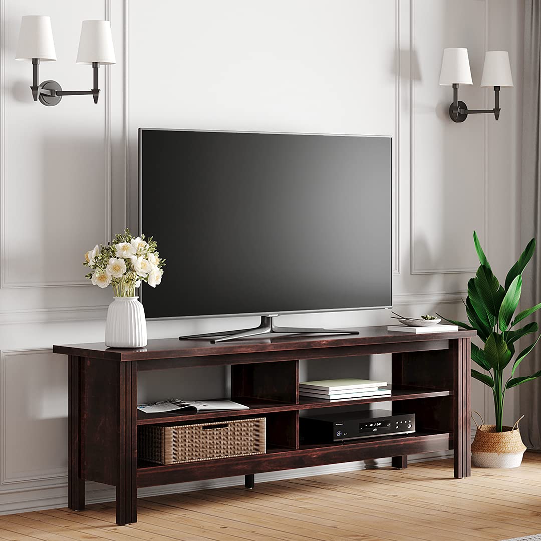WAMPAT 65 60 Inch Farmhouse TV Stand Entertainment Center - Rustic Wood Media Console Table with Storage Shelves, Thickened Wood Design for Living Room & Bedroom - Brown - Perfect for Farmhouse, Rustic & Modern Home Decor