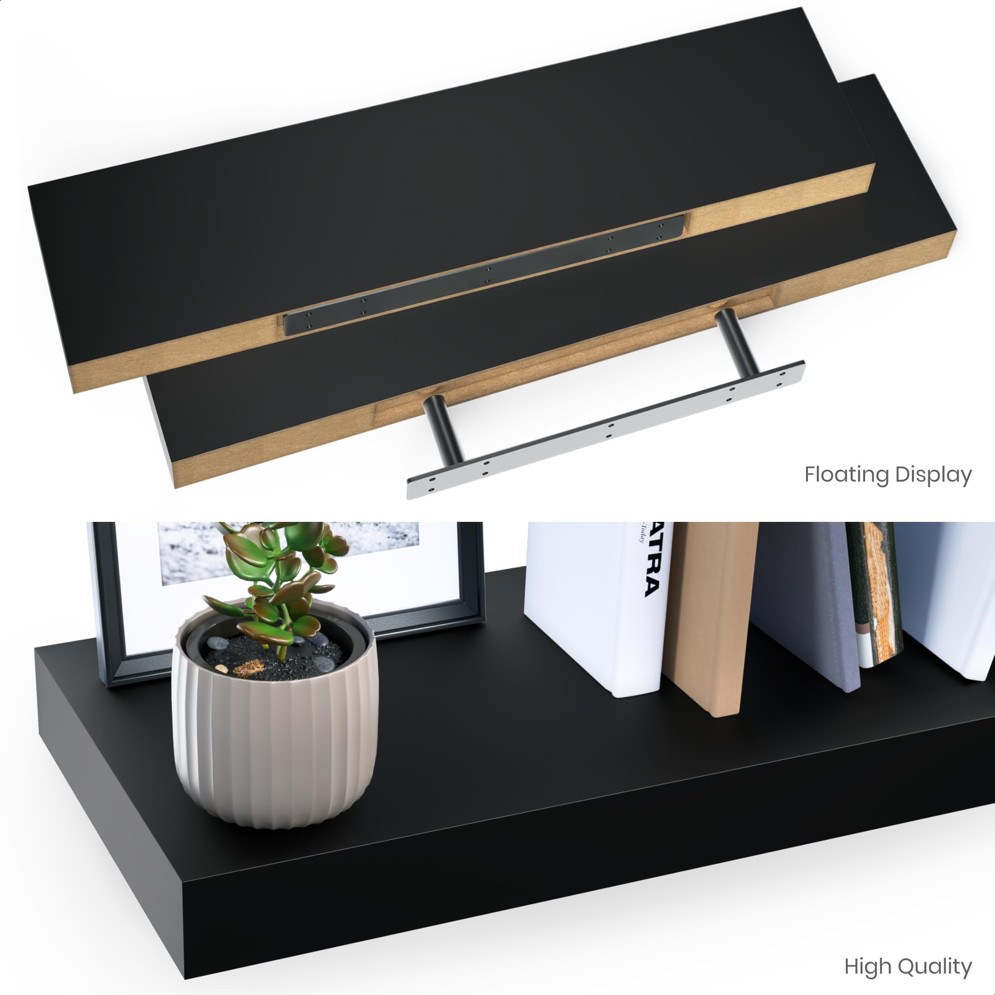 Ballucci Floating Shelves Set of 2 - 24 Inch Wood Wall Shelves with Invisible Brackets - 6 Inch Deep Black Wall Mounted Shelves for Bathroom, Living Room, Bedroom, Kitchen, Nursery - Perfect for Displaying Decor, Books, Plants and Storage Organization