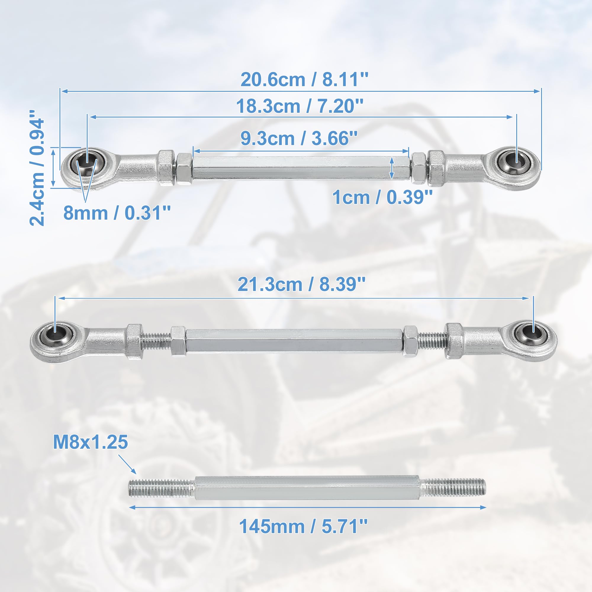 Motoforti 2-Piece 145mm Adjustable Steering Tie Rod Ball Joint with 8mm Hole Diameter - Compatible with 49cc Electric ATV & Go Kart - Silver Tone Steering Suspension Accessory - Perfect for Off-Roading, Racing & DIY Kart Upgrades