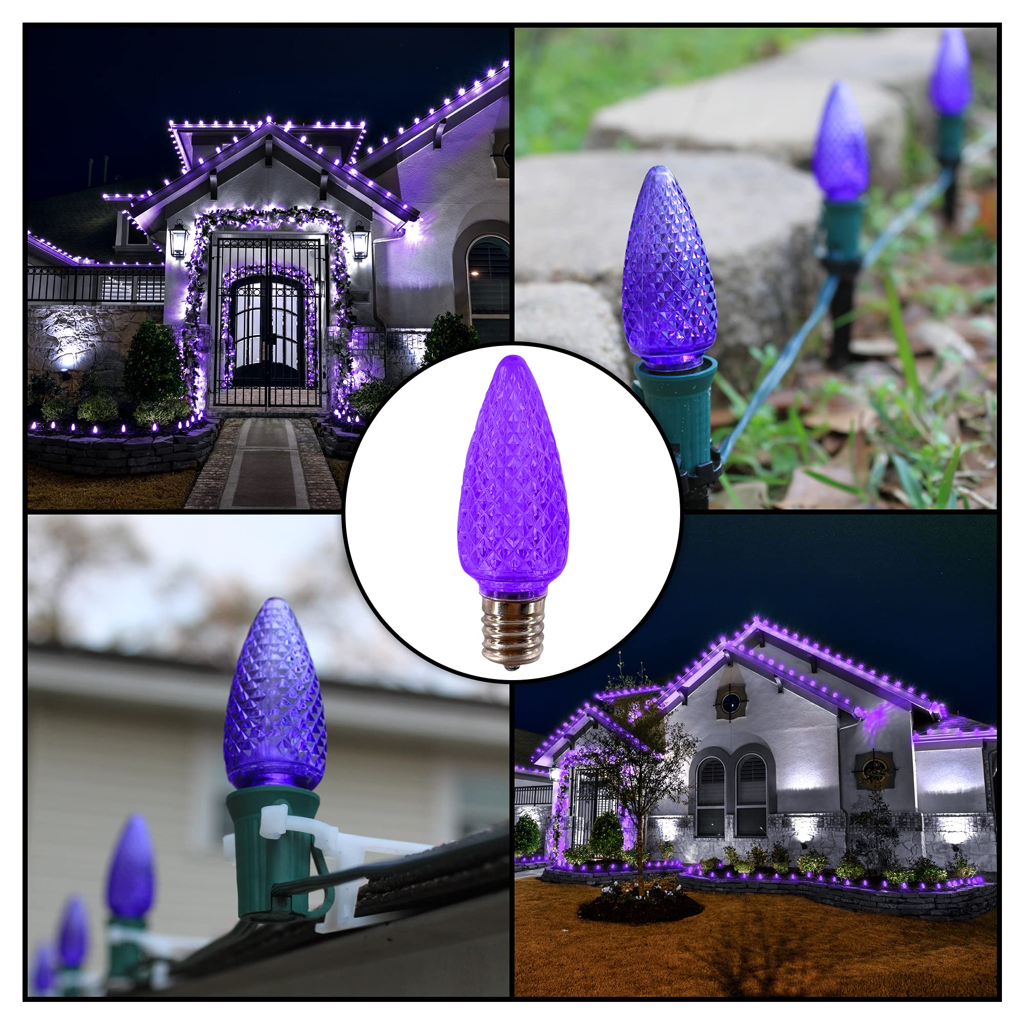C9 LED Purple Christmas Light Bulbs - Pack of 25, Faceted Retrofit Candle Shape, E17 Socket, Commercial Grade - Perfect for Holiday Decorations, Roof Lighting, and Festive Indoor/Outdoor Use