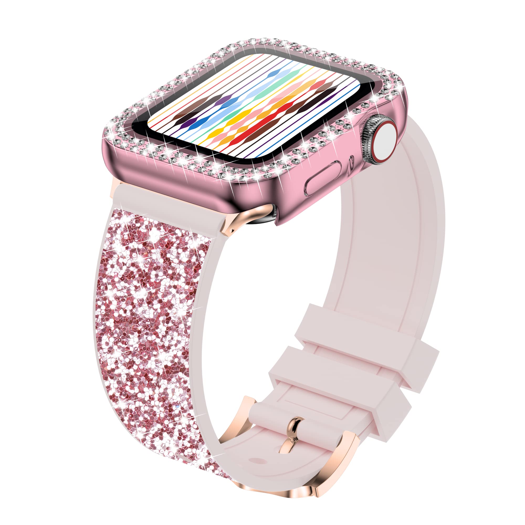 Sparkly Rhinestone Apple Watch Band with Protective Case - Compatible with iWatch Series 9/8/7/6/5/4/3/2/1 & SE (45/44/42/41/40/38mm) - Fashion Glitter Silicone Strap for Women - Perfect for Workouts, Parties & Everyday Wear