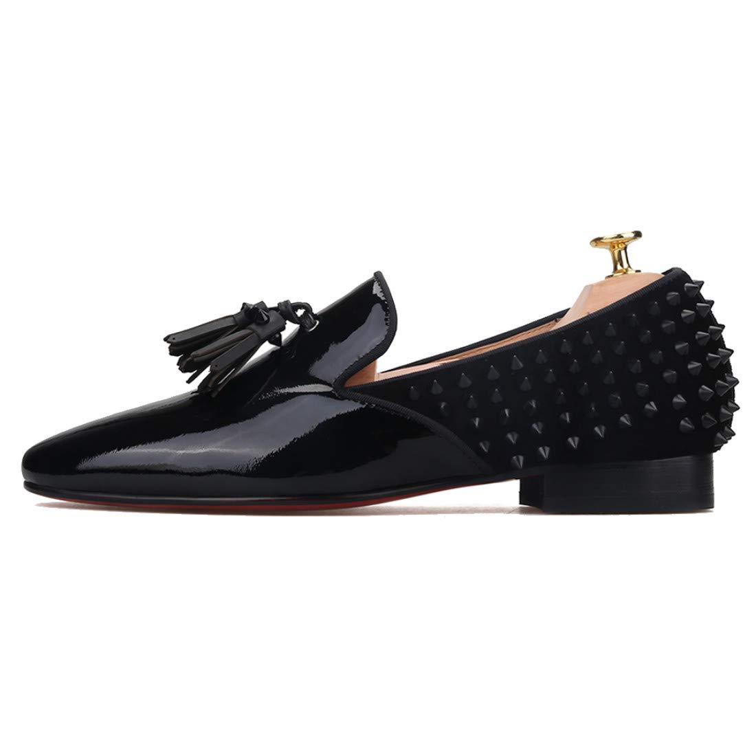 FERUCCI Black Patent Leather Loafers with Spikes - Women's Flat Slip-On Shoes for Prom, Wedding & Formal Occasions - Stylish Comfort for Parties, Office & Evening Events