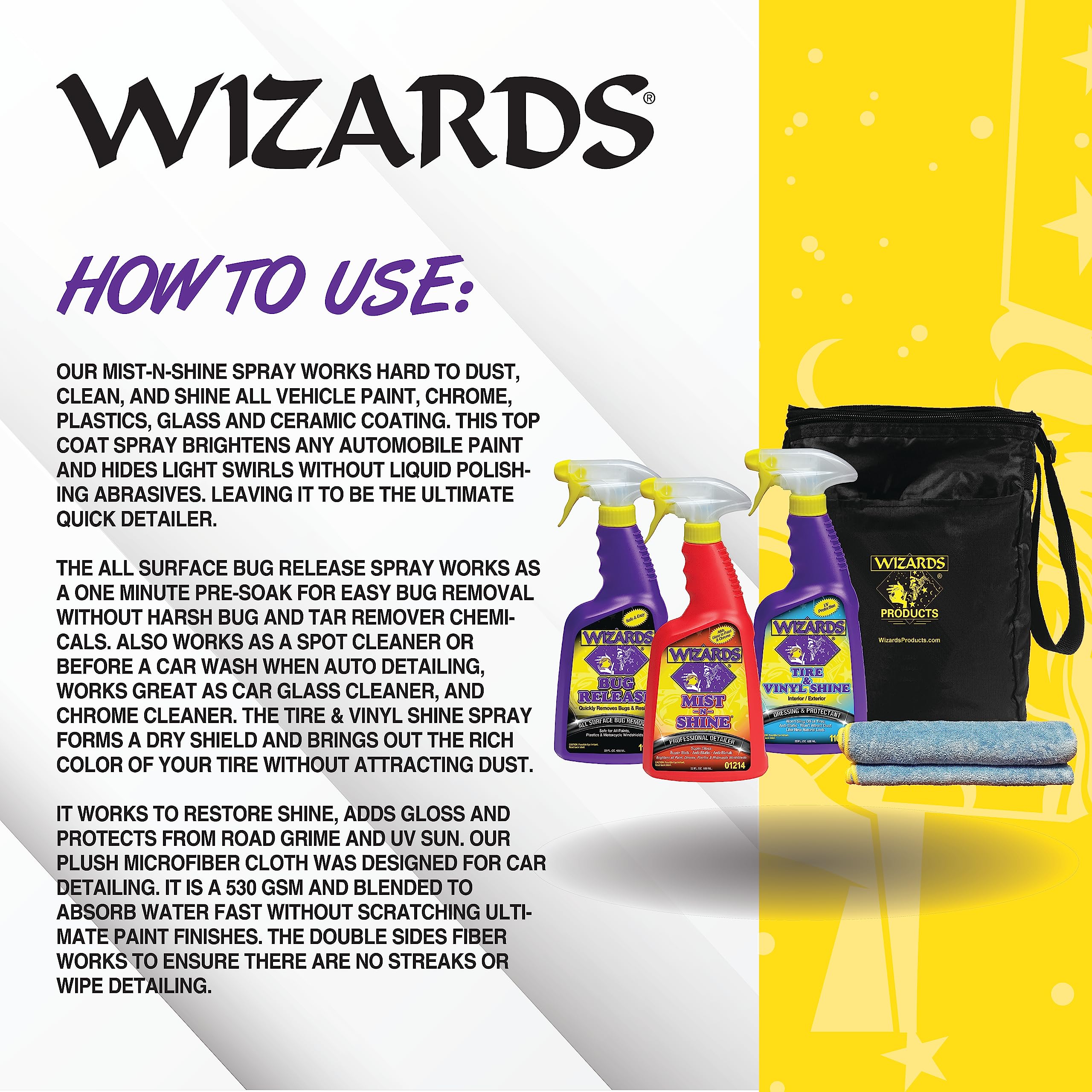 Wizards 5-Piece Professional Car Detailing Kit for Beginners - Includes Microfiber Towel, Storage Bag & 22oz Spray Bottles - Perfect for Car Washing, Interior Cleaning & Auto Detailing at Home