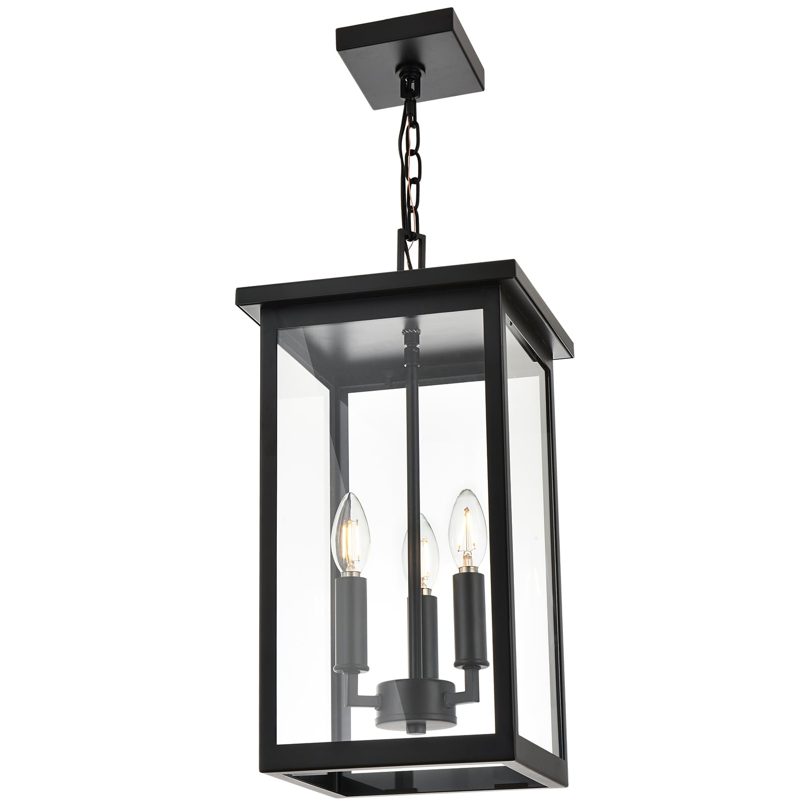 Black Outdoor Pendant Lantern - E12 Candle Chandelier with 3 Lights - Large Exterior Hanging Light Fixture with Clear Glass & Adjustable Height - Perfect for Indoor Entryway, Porch, Patio & Garden Lighting