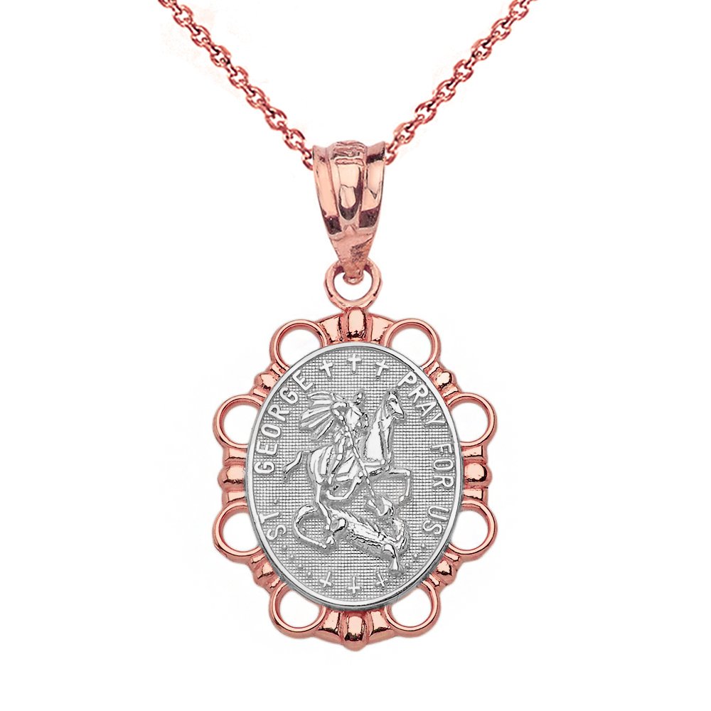 10K Two-Tone Rose Gold St. George Religious Charm Oval Pendant Necklace - Prayer Jewelry for Women, Gift for Baptism, First Communion & Spiritual Protection