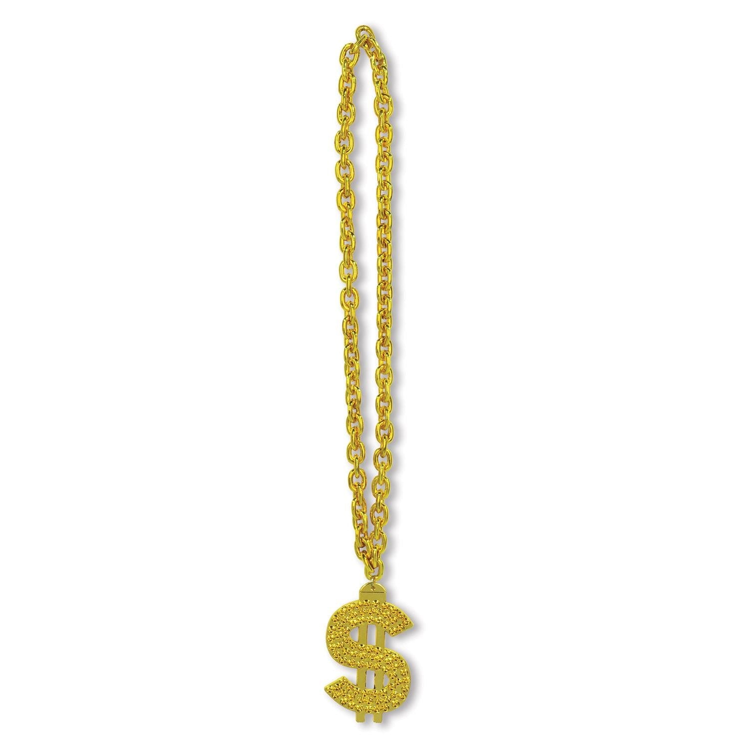 12 Pack Gold Chain Party Bead Necklaces with Dollar Sign Medallion - Perfect for Mardi Gras, Costume Parties & Hip Hop Events