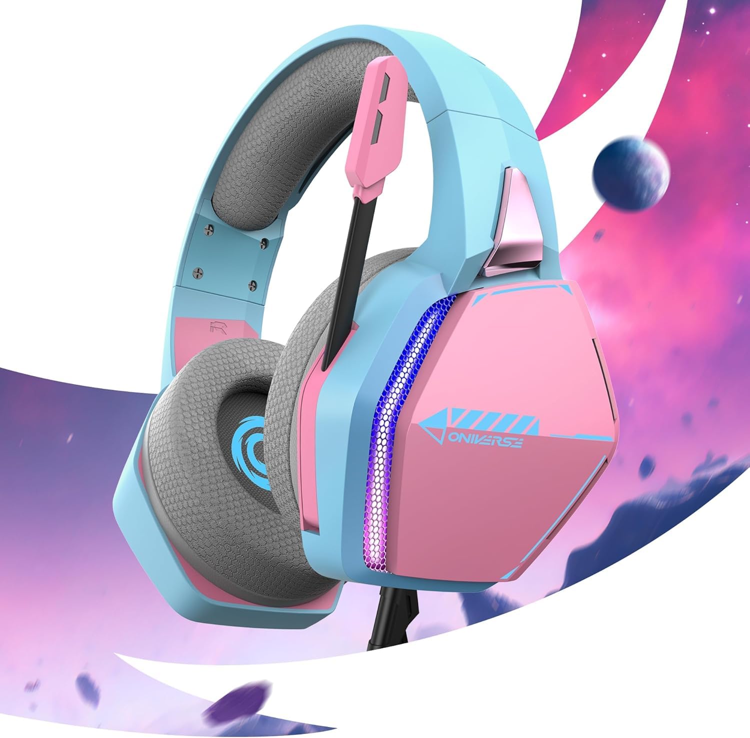 Oniverse Wired Stereo Gaming Headset with Adjustable Mic, 50mm Speakers & LED Lights - Compatible with PS5, PS4, Switch, Xbox, PC, MAC - Soft Fabric Ear Cushions in Diva Pink/Rose (Nebula) - Perfect for Competitive Gaming, Streaming & Online Chat