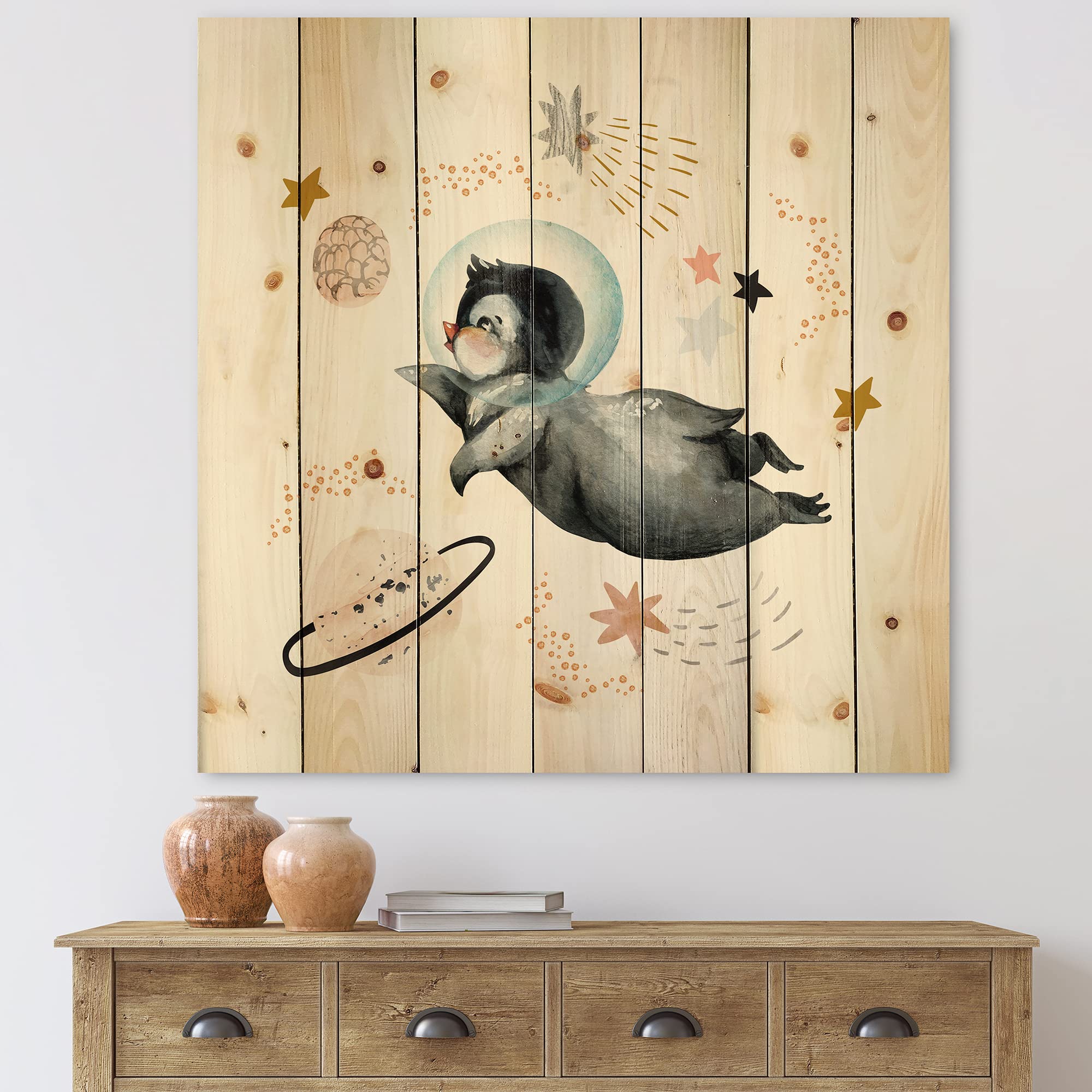DesignQ Little Penguin Flying Stars & Planets II Farmhouse Wood Wall Decor - Grey Wood Wall Art, Large Animal Wood Panels Printed on Natural Pine - Perfect for Nursery, Kids Room & Living Room Decor