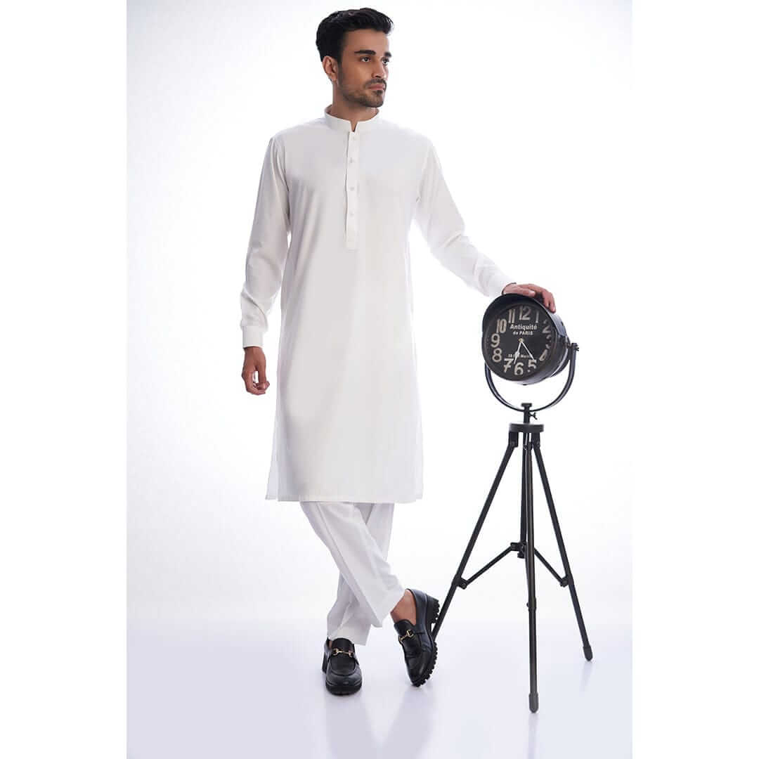Elegant Ivory IronEz Fabric White Kurta & Drawstring Pants Set for Men - Comfortable Traditional Indian Ethnic Wear - Perfect for Eid, Weddings & Festive Occasions