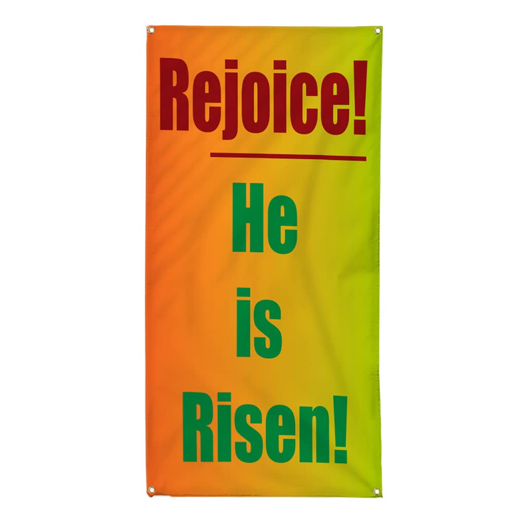 Vertical Vinyl Banner - Weatherproof Outdoor Religious Sign with 10 Grommets (144x60 Inches) - Easter Christ 'Rejoice He Is Risen' Inspiration - Perfect for Church Events, Yard Decor & Religious Celebrations