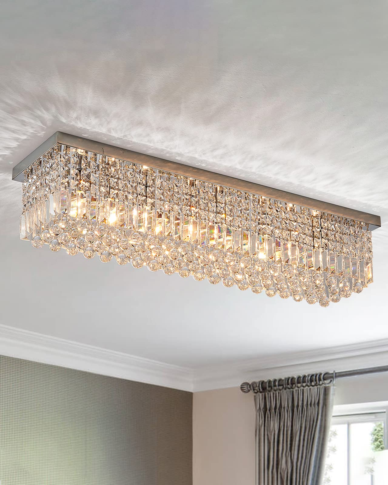 7PM Modern Rectangular Chandelier - 6-Light Flush Mount Luxury K9 Raindrop Crystal Chandelier for Dining Room, Kitchen & Living Room (31.5