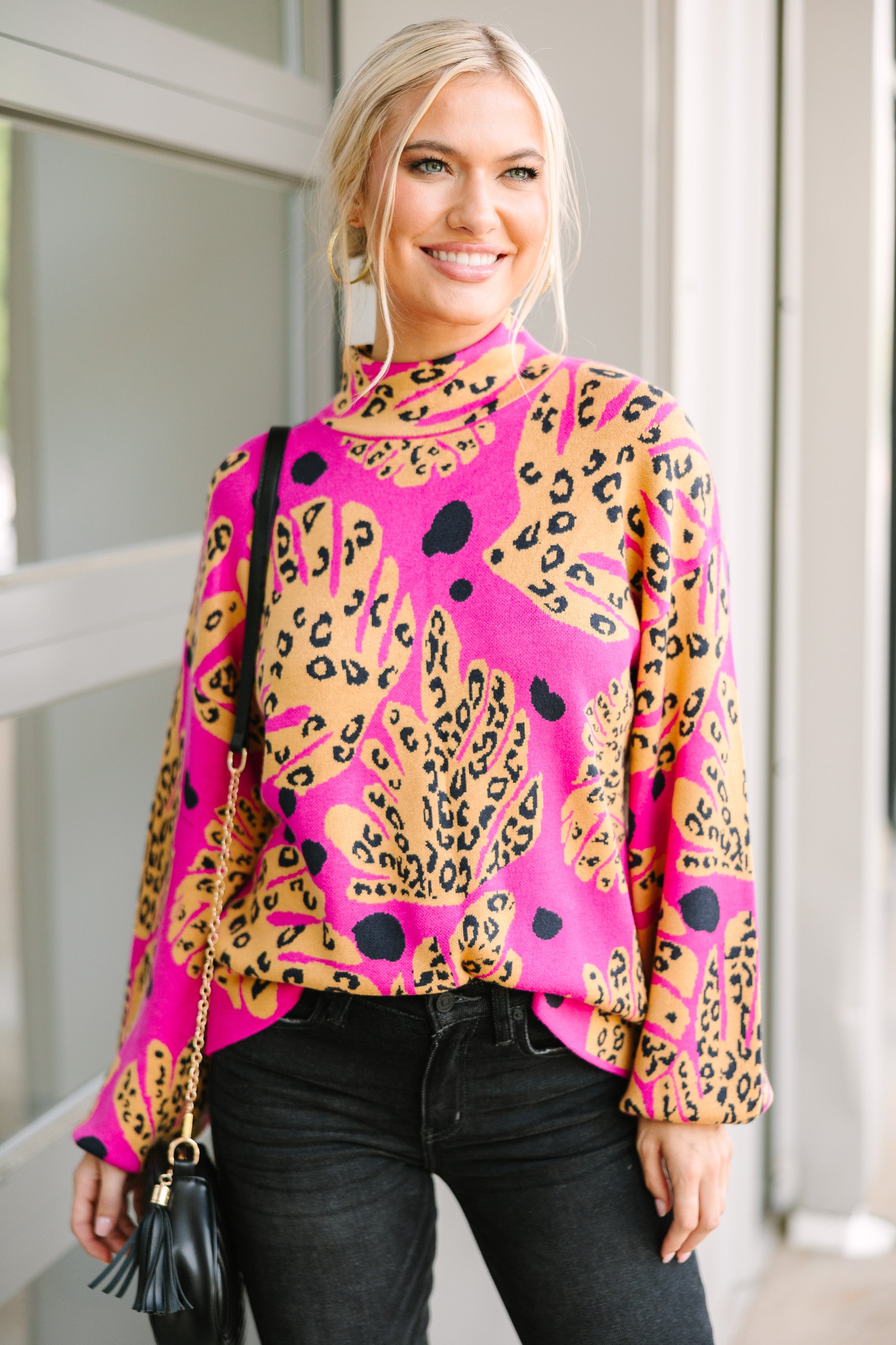 Fate: Dance Around It Fuchsia Pink Mixed Print Sweater | Women's Fashion Knitwear | Perfect for Casual Outings & Date Nights