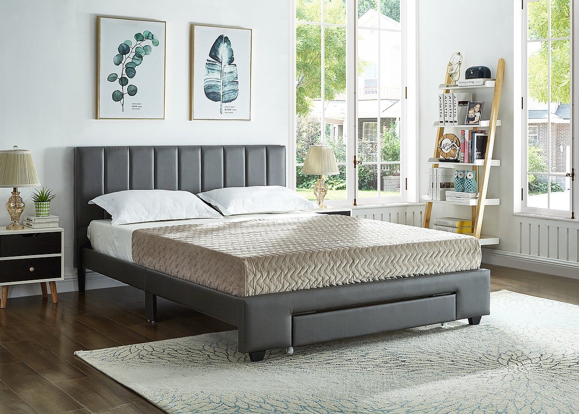 Grey Leatherette Upholstered Bed Frame with Padded Headboard & Underbed Storage Drawers - Perfect for Small Bedrooms & Guest Rooms